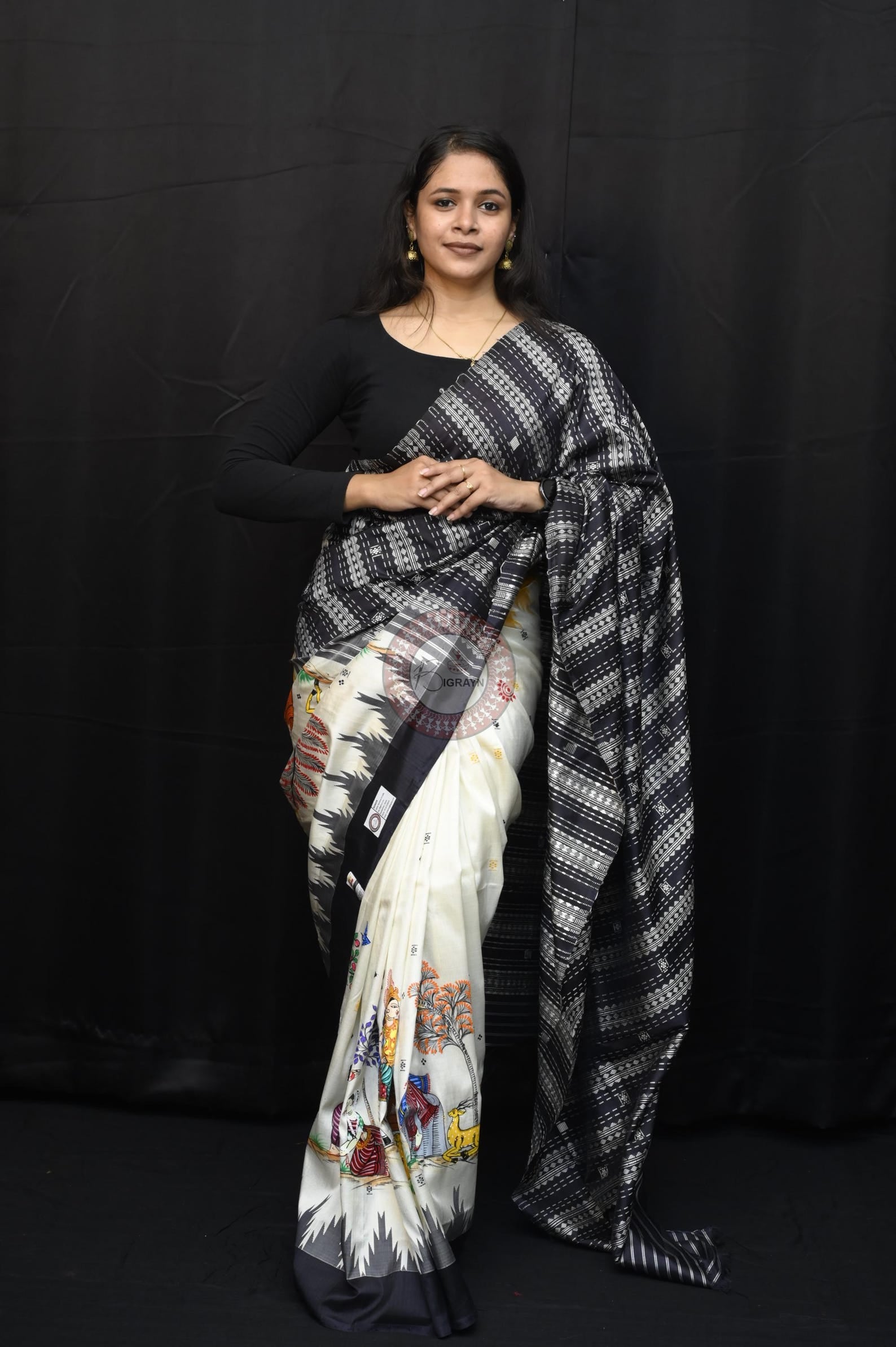 White Black Dushmanta Sakuntala Theme Pattachitra Berhampuri Silk Saree