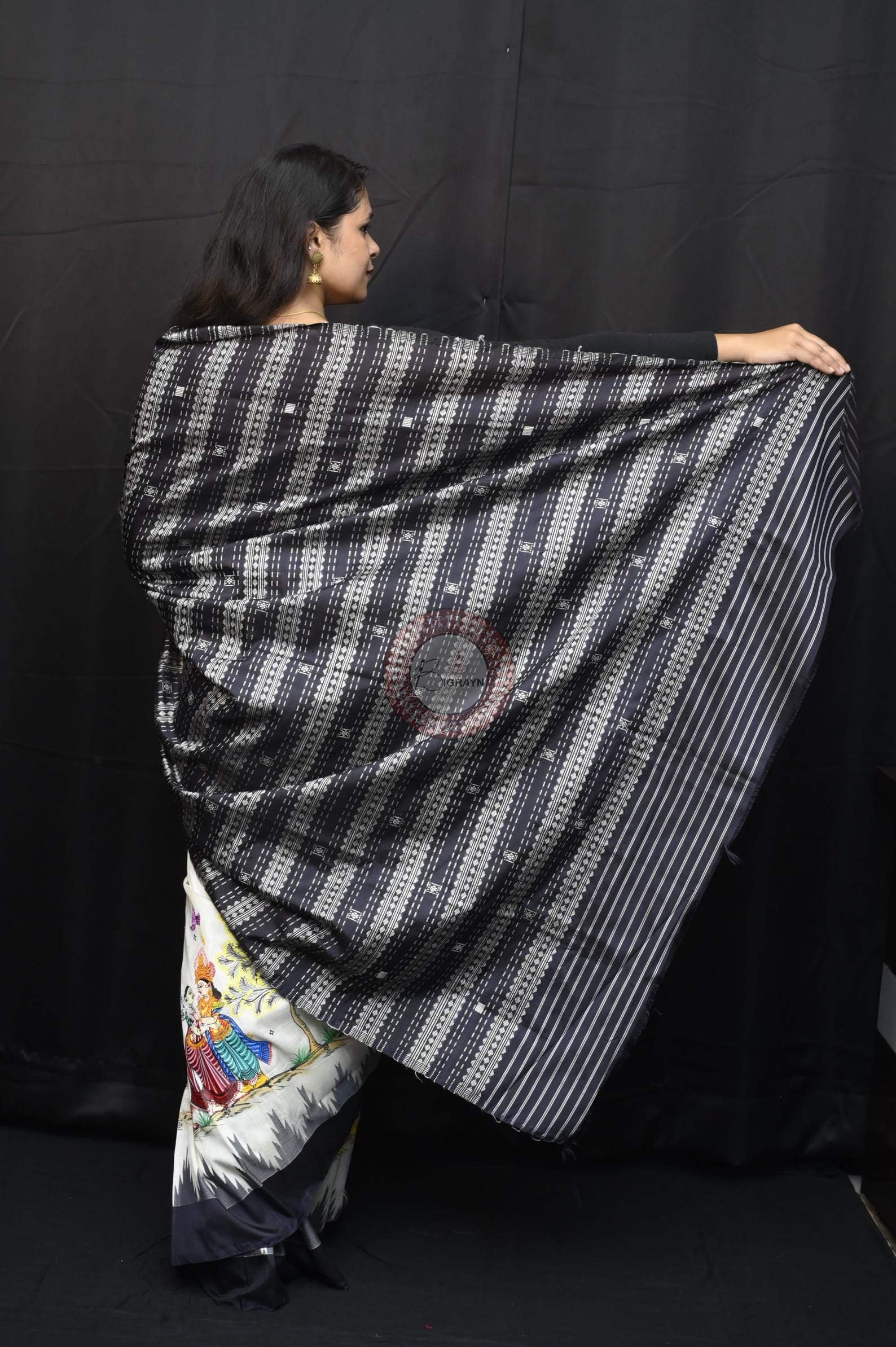 White Black Dushmanta Sakuntala Theme Pattachitra Berhampuri Silk Saree