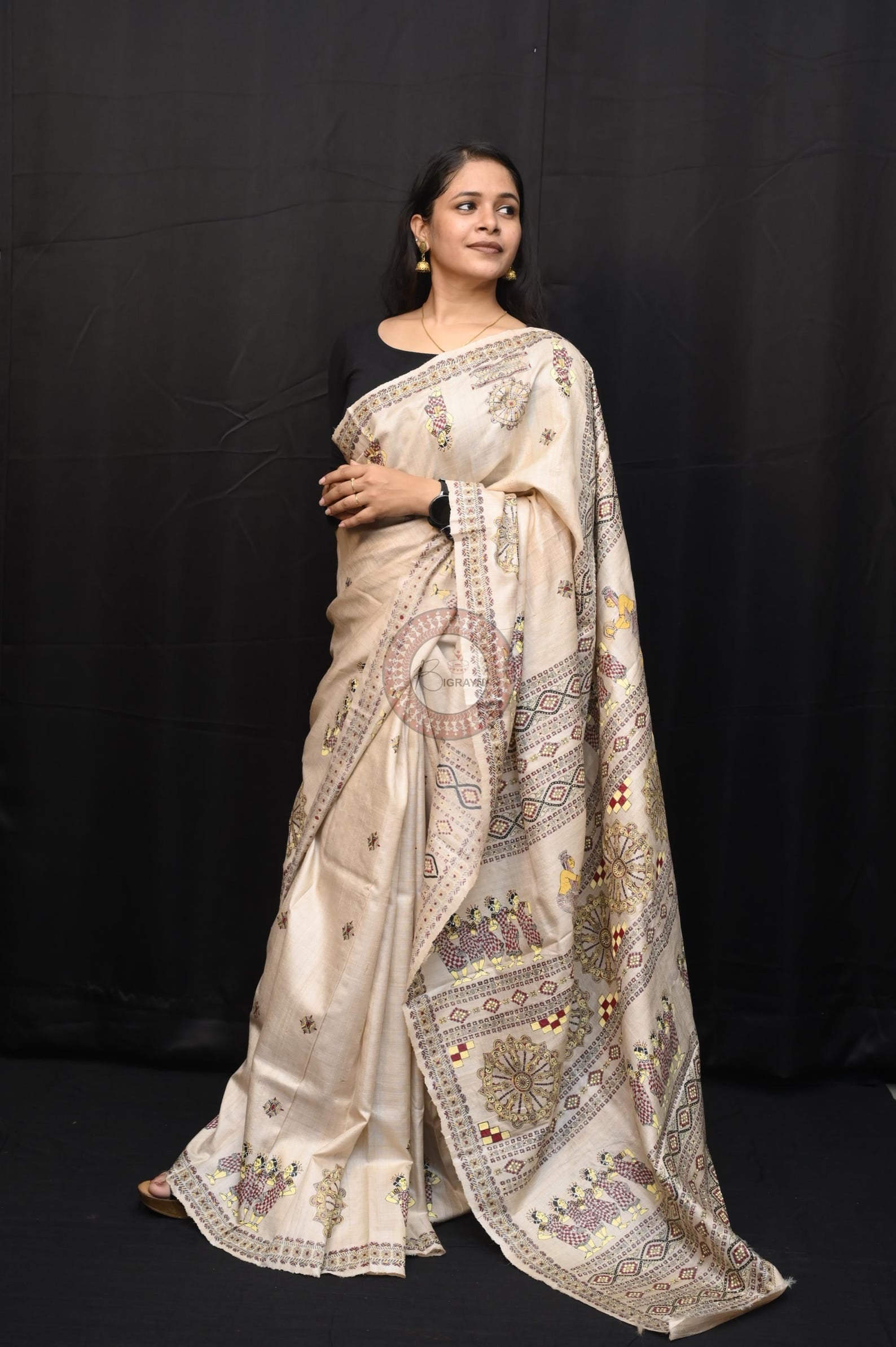 Tussar Colour Sambalpuri Dance Theme Pattachitra Fine Tussar Silk Saree
