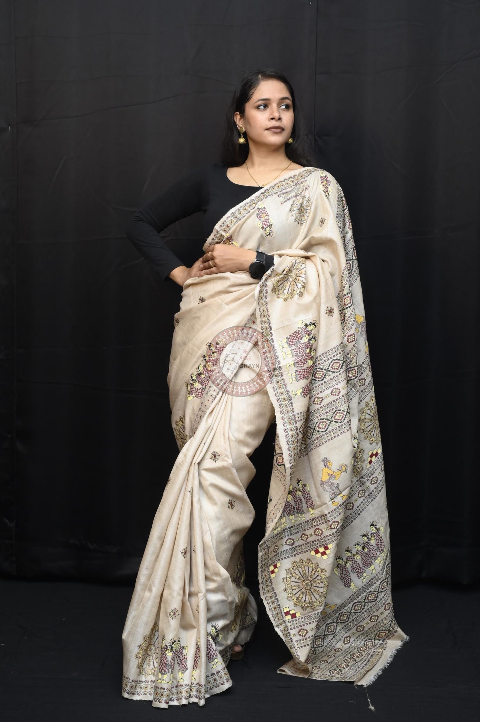 Tussar Colour Sambalpuri Dance Theme Pattachitra Fine Tussar Silk Saree