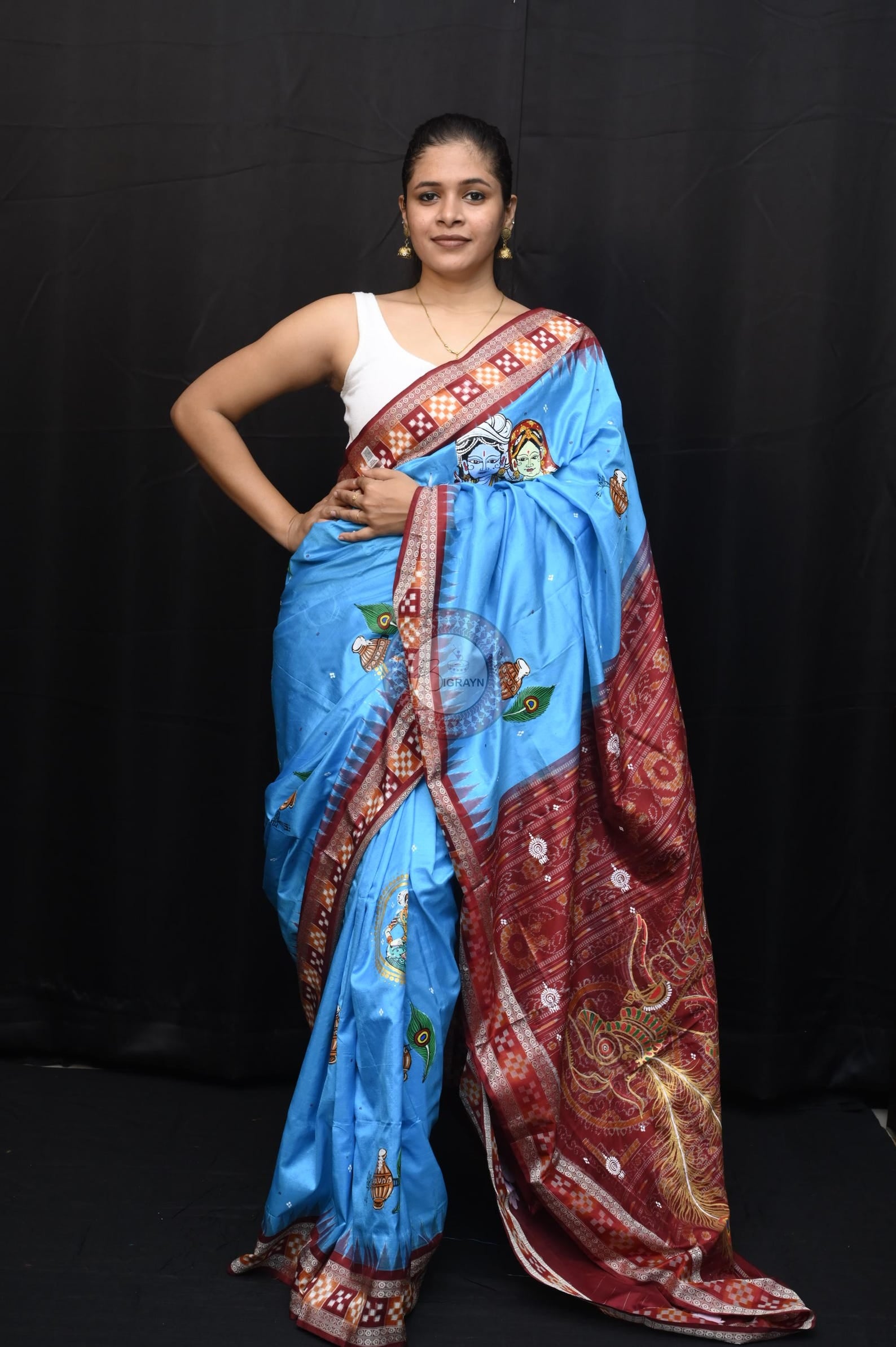 Copper Sulphate Maroon Adrushya Banshi Theme Pattachitra Sambalpuri Silk Saree