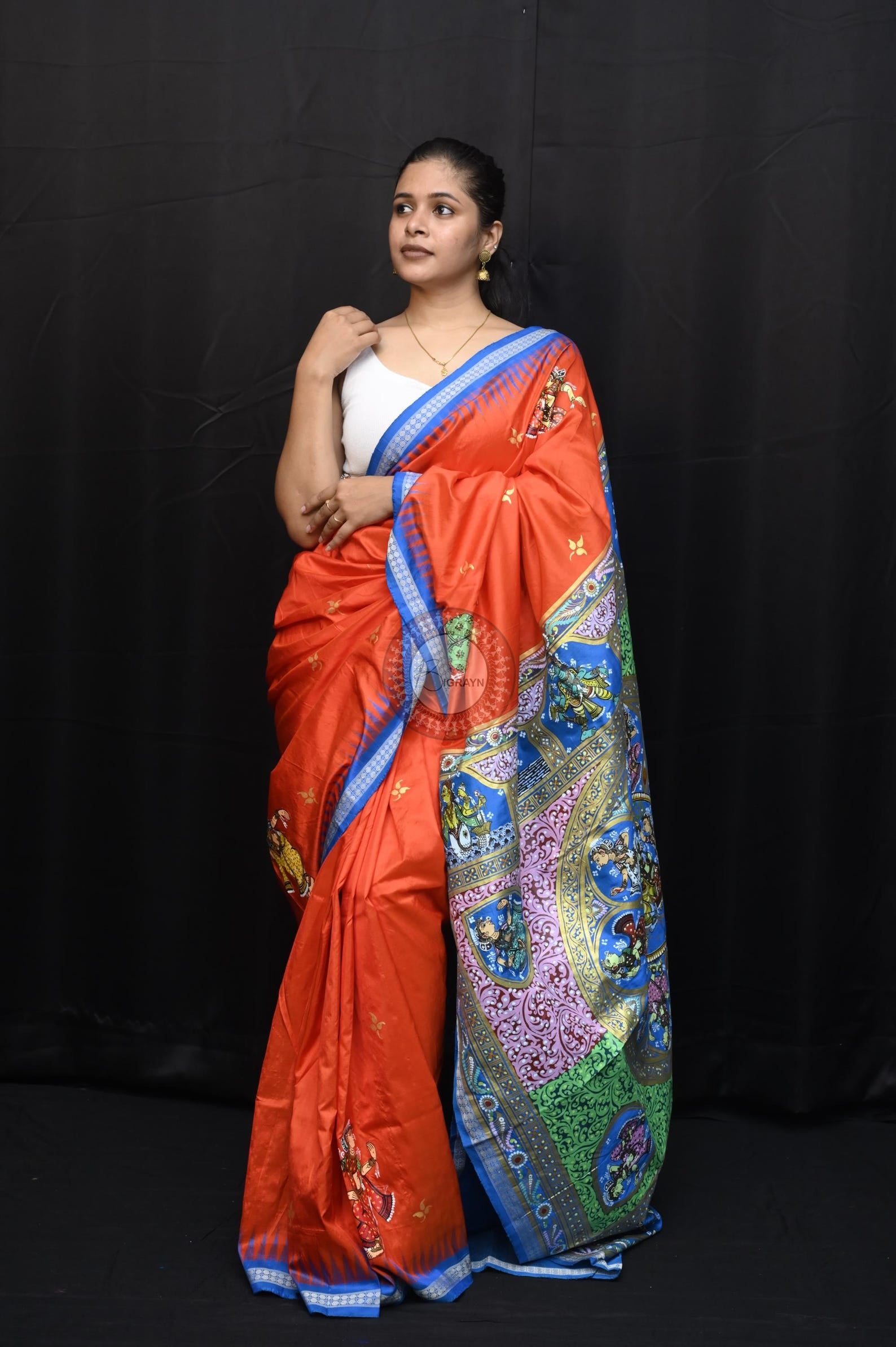 Orange Blue Dash Avatara Theme Pattachitra Sambalpuri Silk Saree