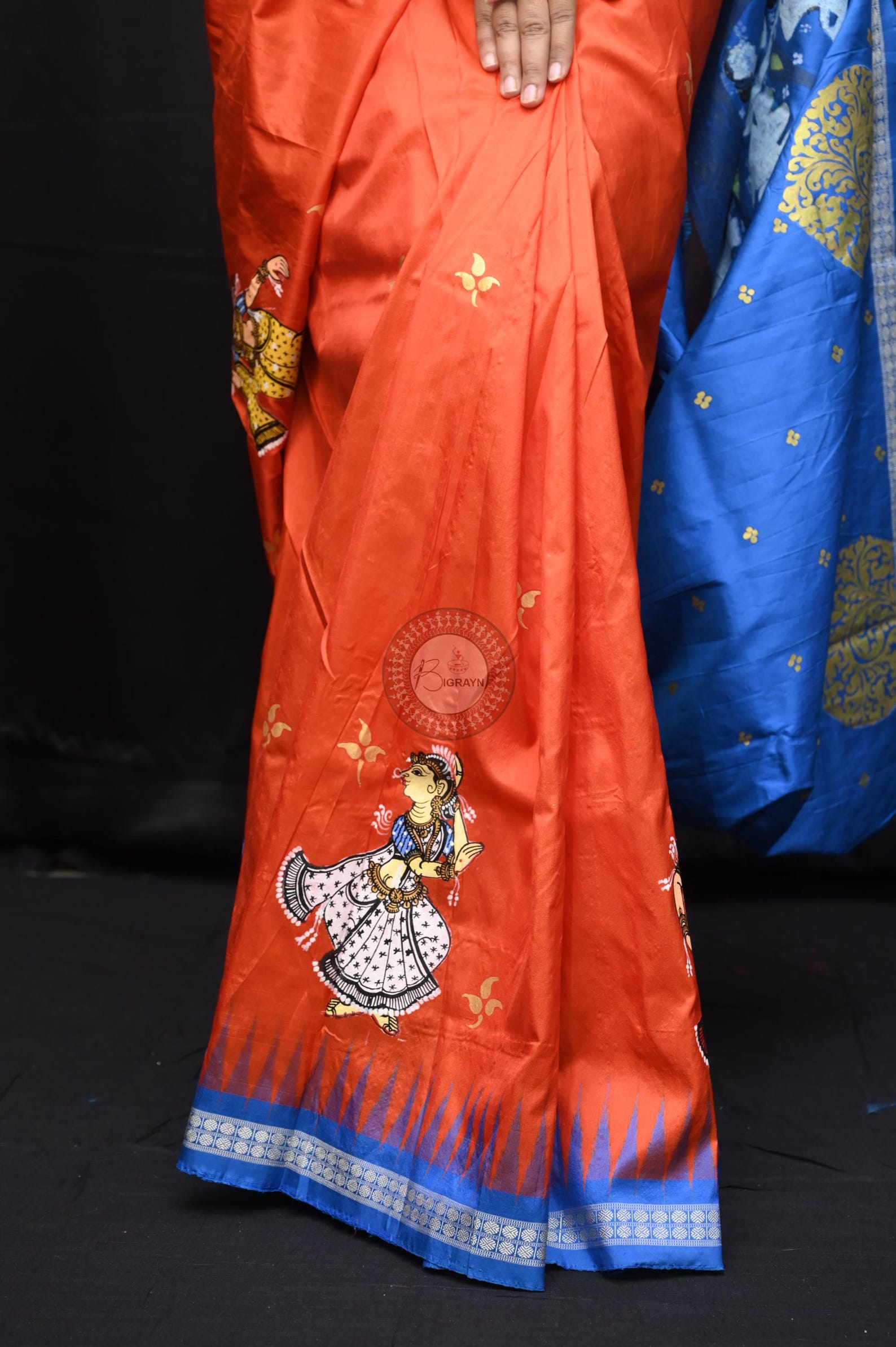 Orange Blue Dash Avatara Theme Pattachitra Sambalpuri Silk Saree