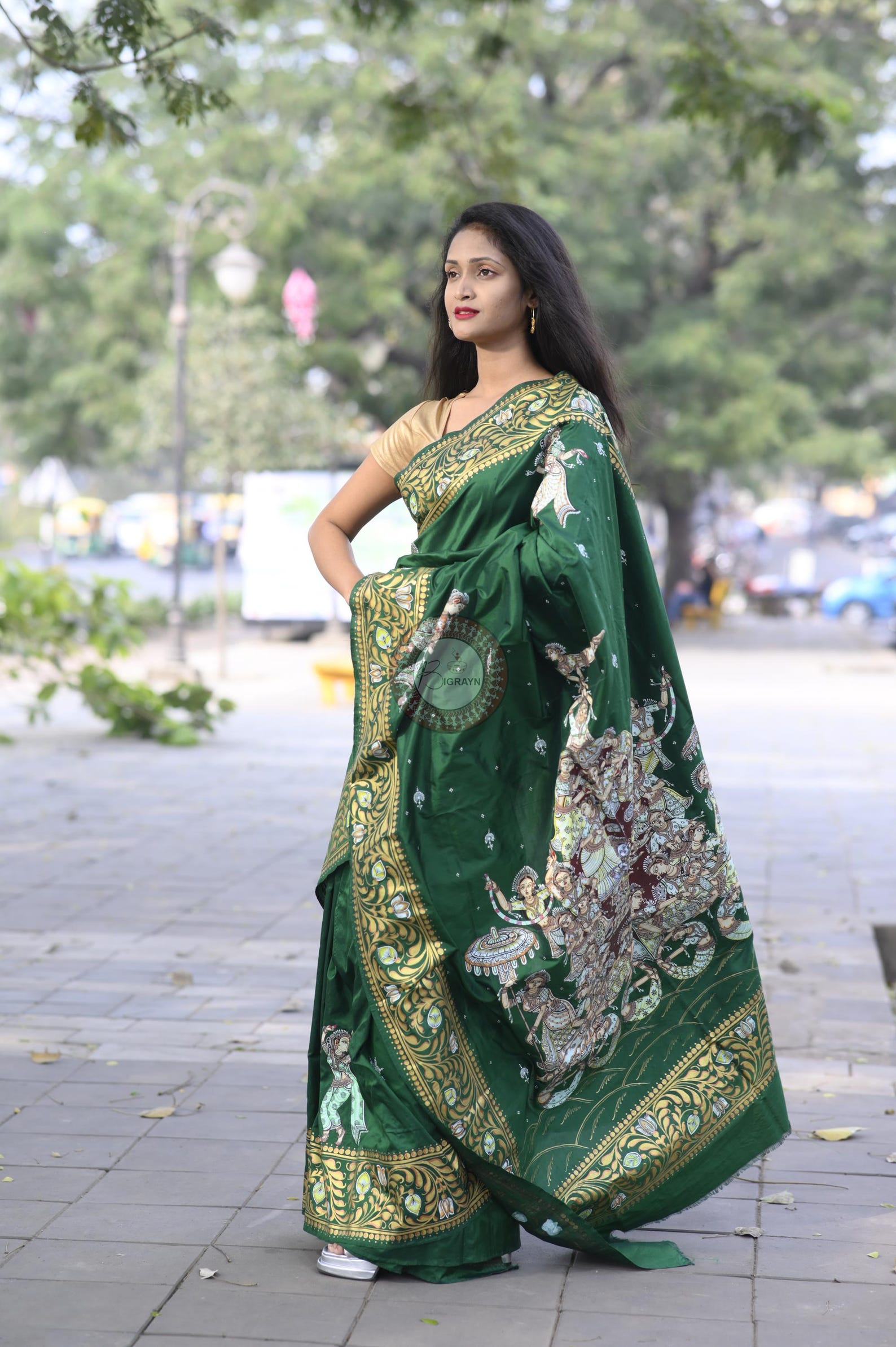 Green Multi Colour Kandarp Ratha Theme Pattachitra Sambalpuri Silk Saree