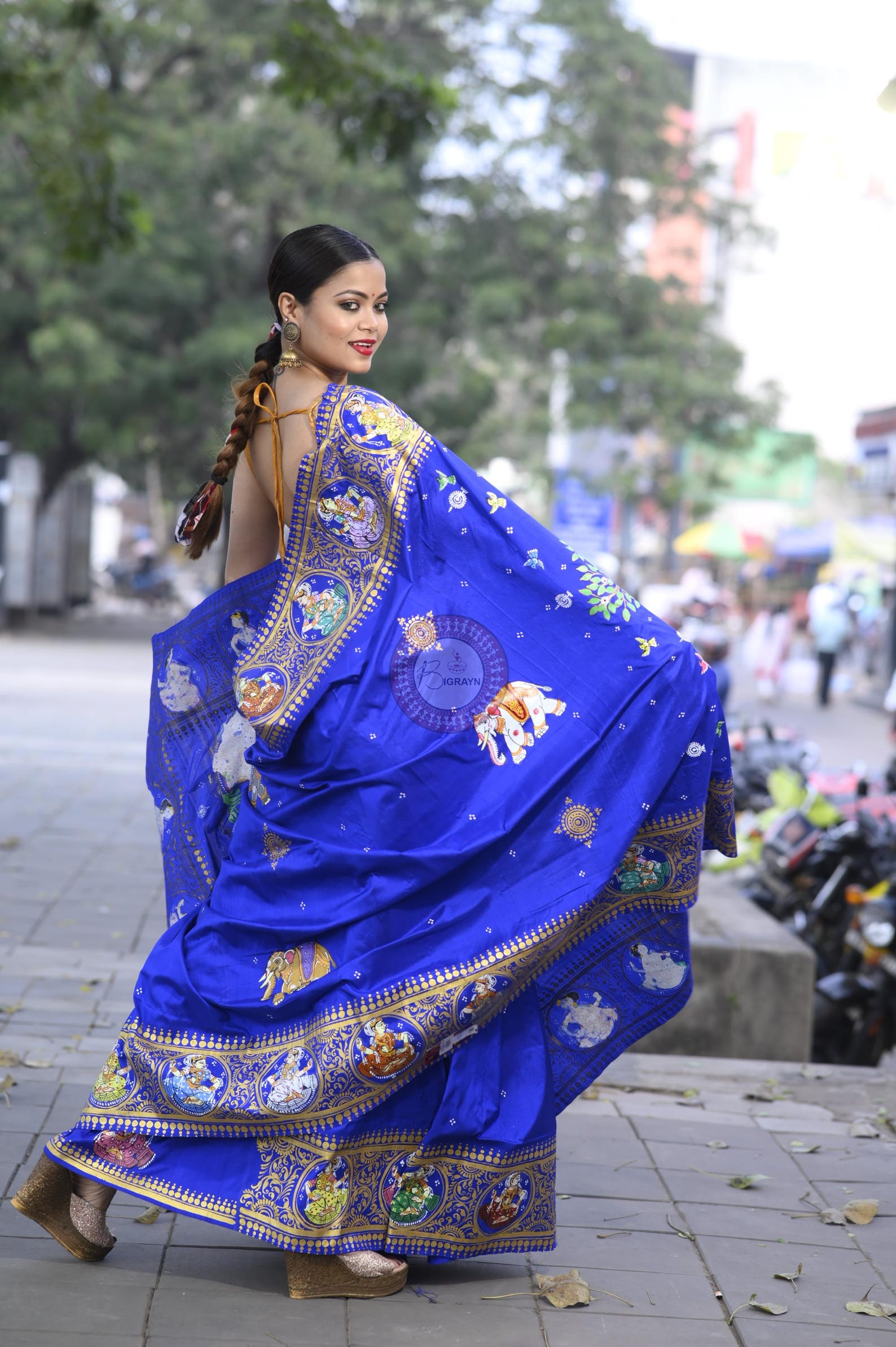 Blue Multi Colour Kandarp Elephant Theme Pattachitra Sambalpuri Silk Saree