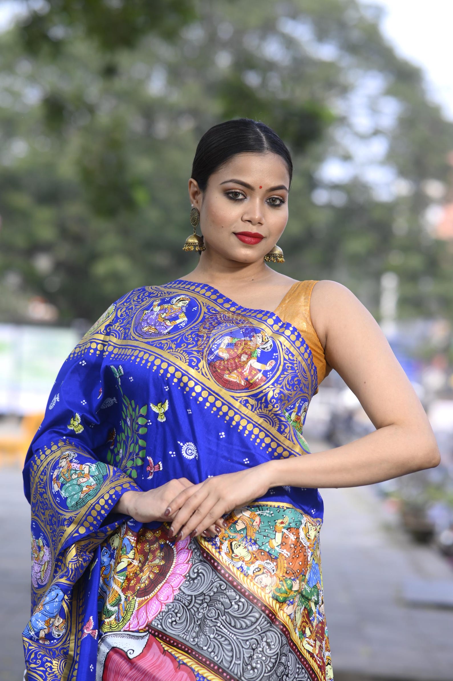 Blue Multi Colour Kandarp Elephant Theme Pattachitra Sambalpuri Silk Saree