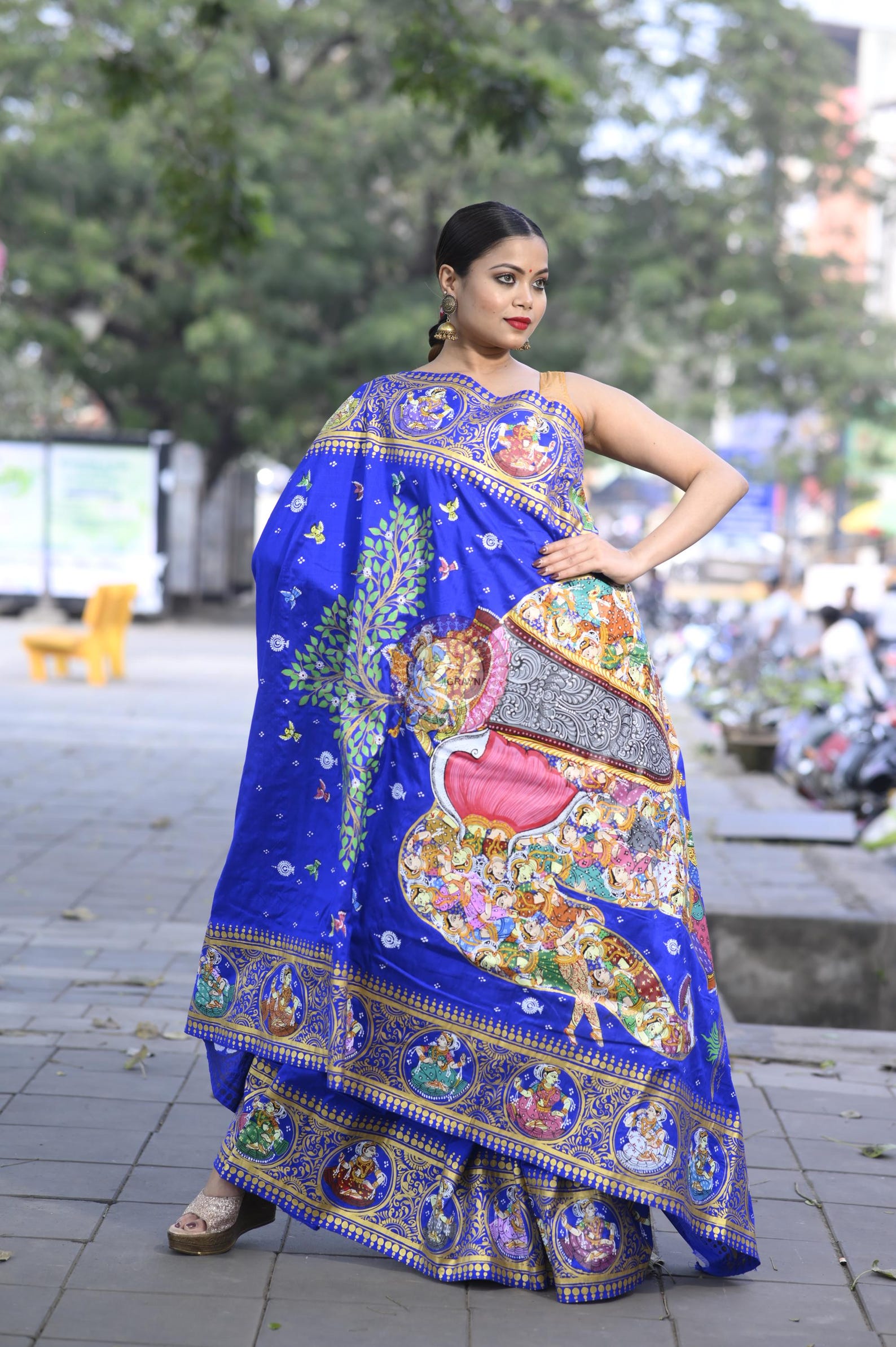 Blue Multi Colour Kandarp Elephant Theme Pattachitra Sambalpuri Silk Saree