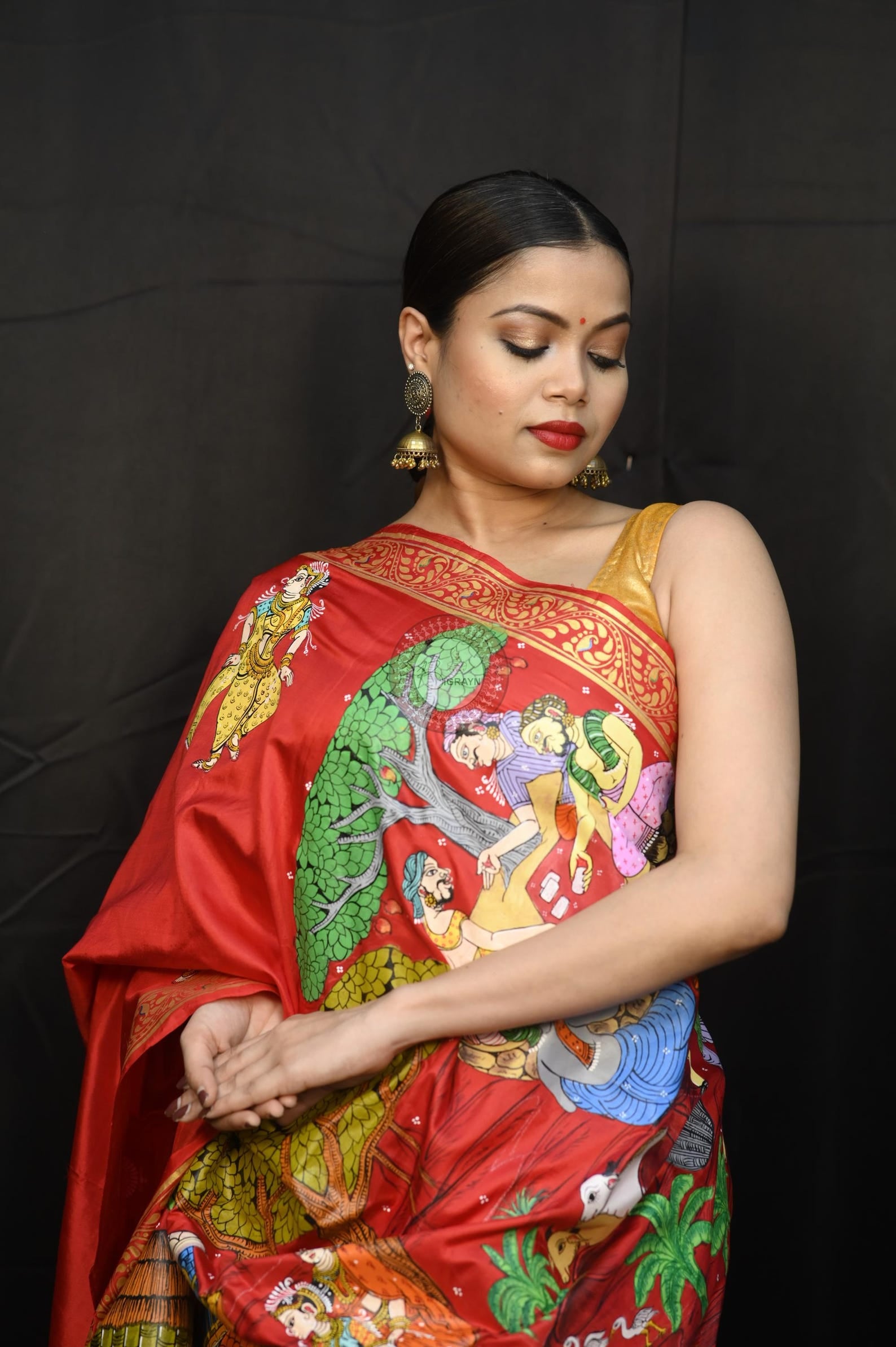 Red Budha Sankhari Story Theme Pattachitra Sambalpuri Silk Saree