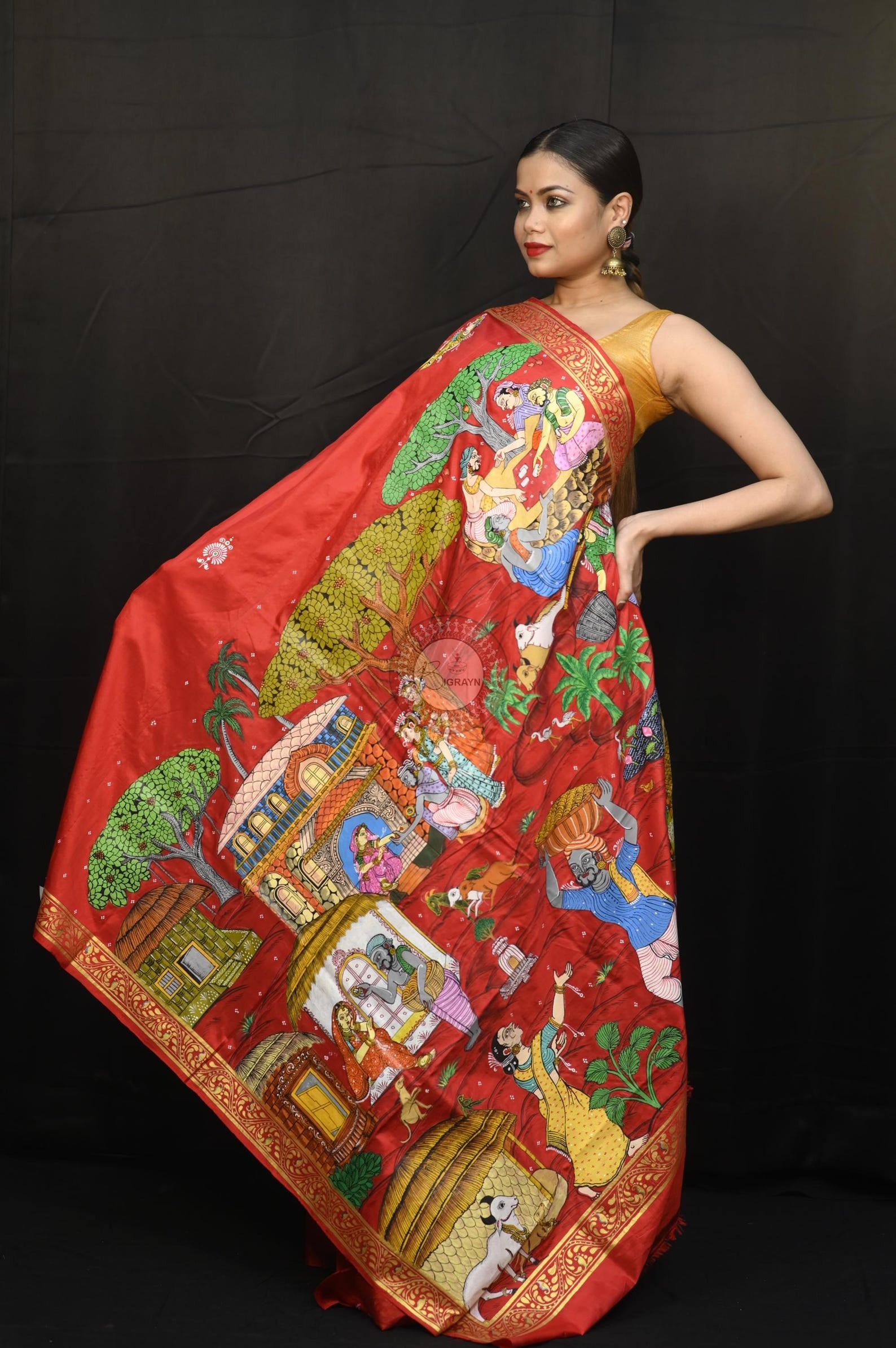 Red Budha Sankhari Story Theme Pattachitra Sambalpuri Silk Saree