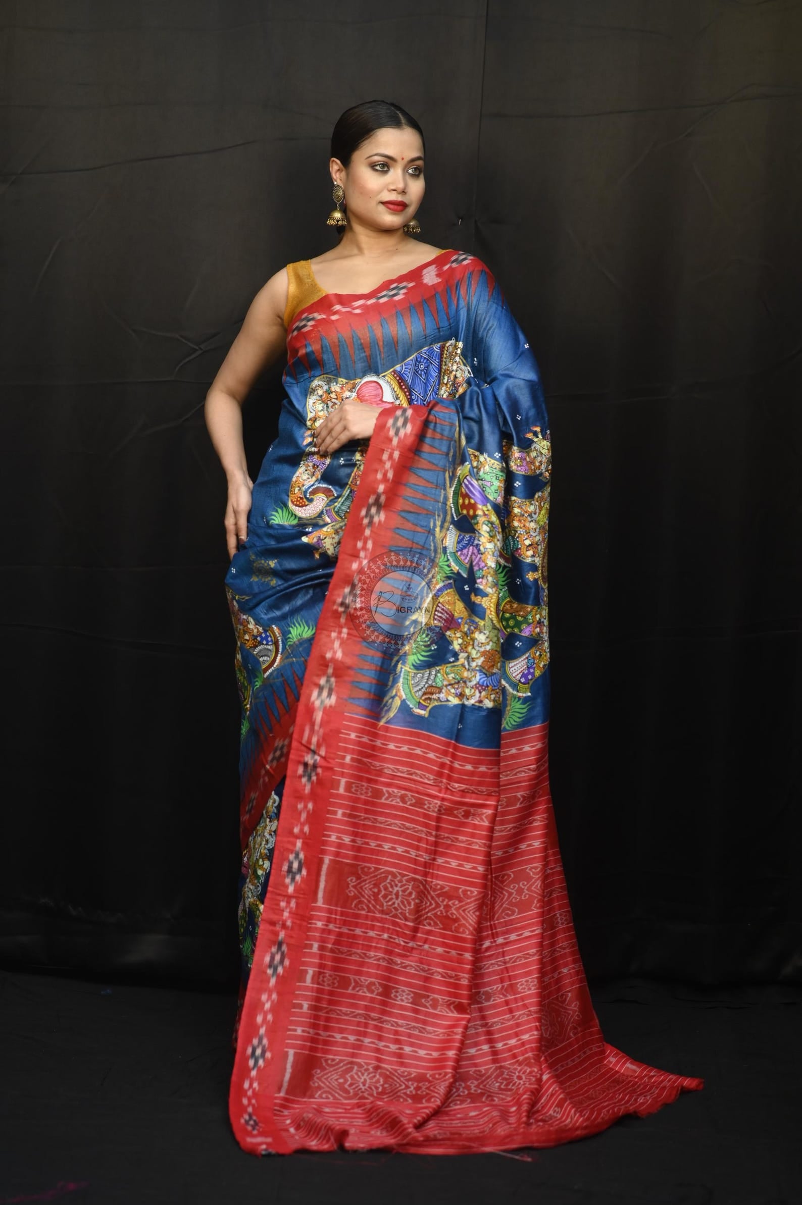 Teal Blue Red 7 Figure Kandarpa Hasti Pattachitra Partly Fine Tussar Silk Saree