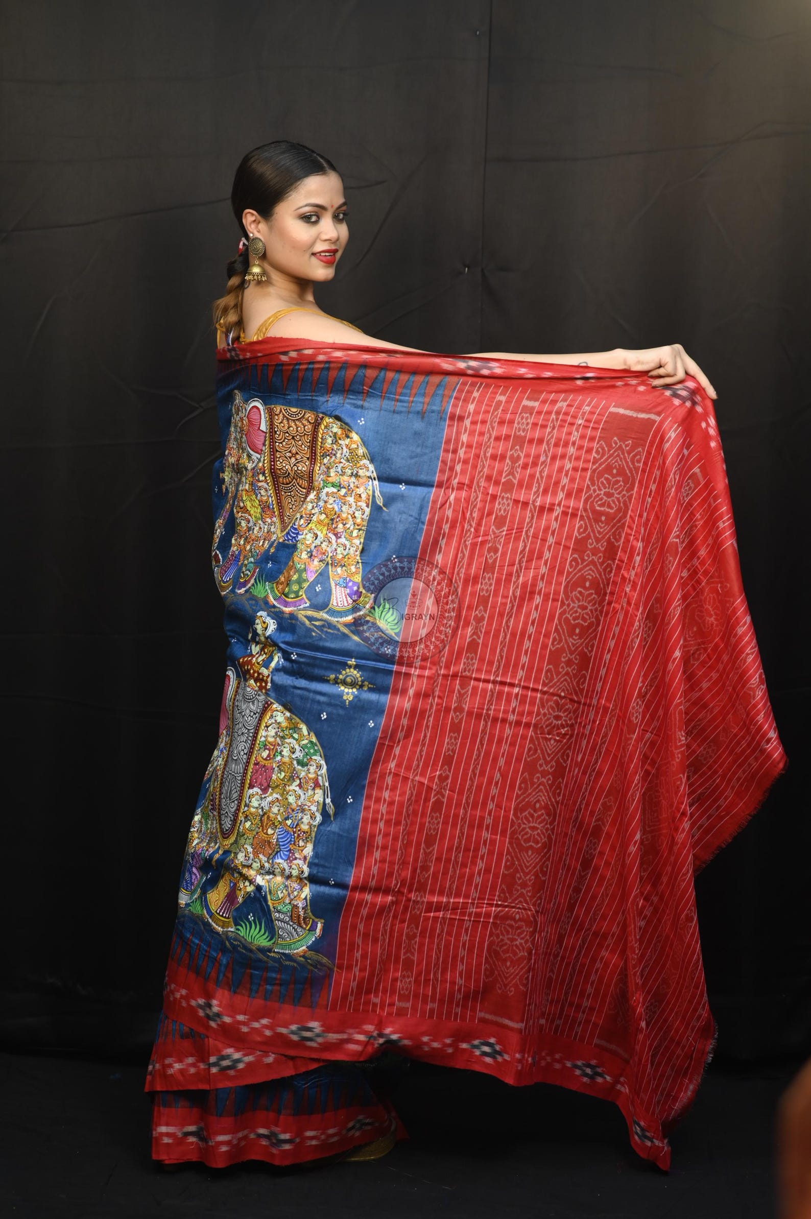 Teal Blue Red 7 Figure Kandarpa Hasti Pattachitra Partly Fine Tussar Silk Saree