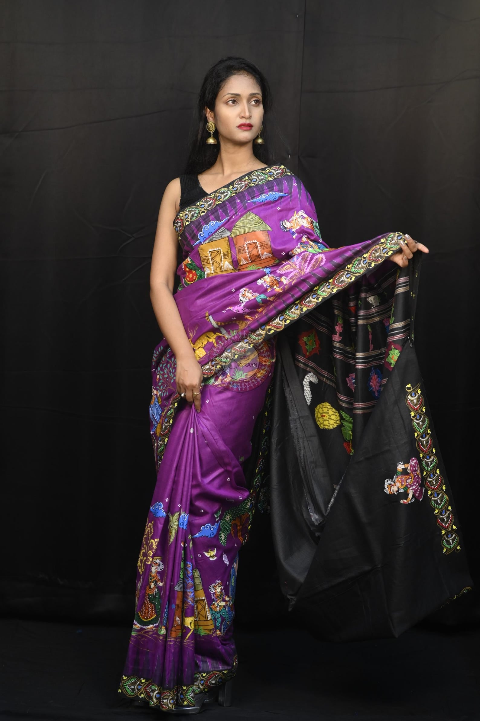 Purple Black Full Body Village Theme Pattachitra Fine Tussar Silk Saree