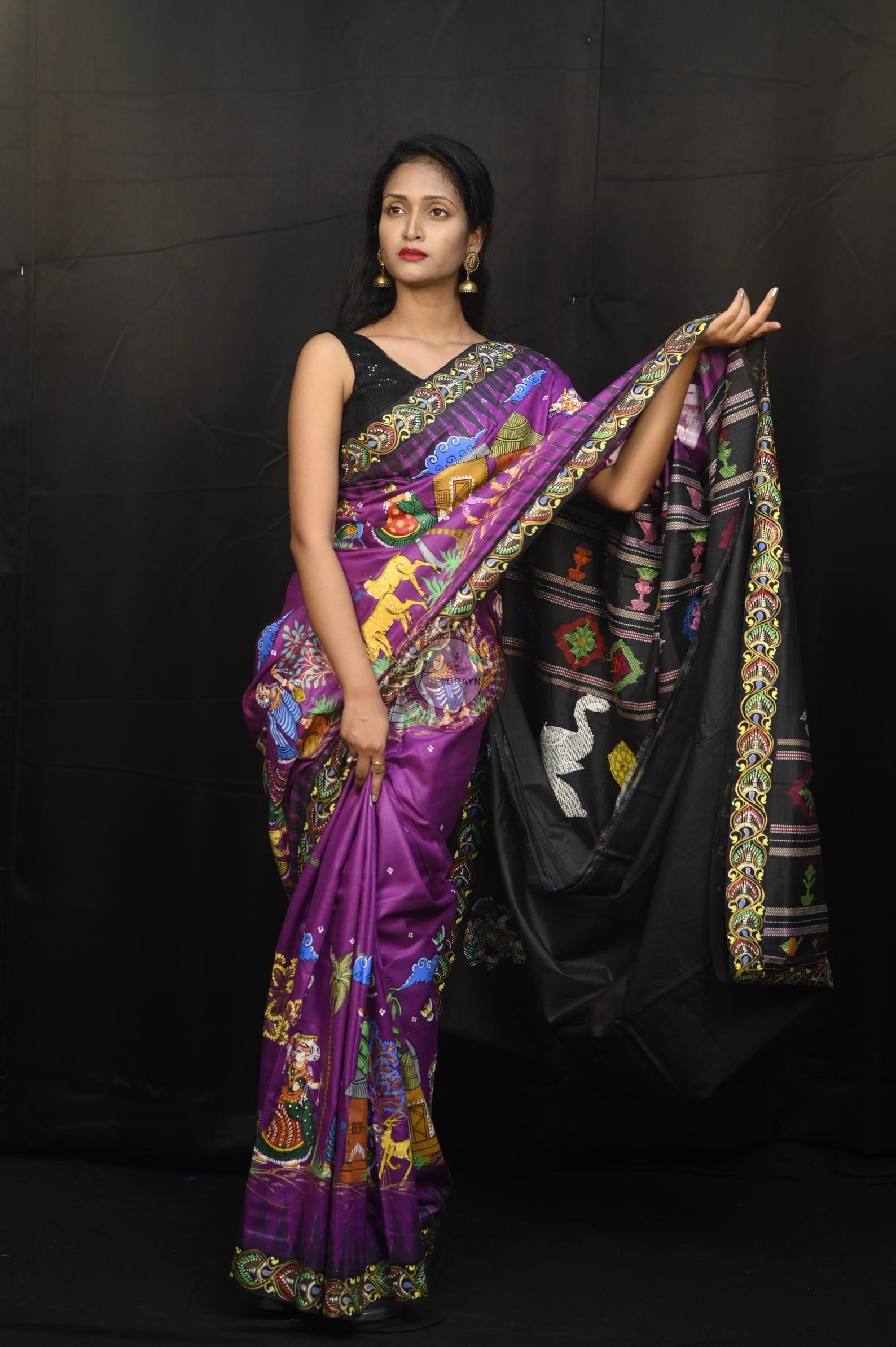 Purple Black Full Body Village Theme Pattachitra Fine Tussar Silk Saree