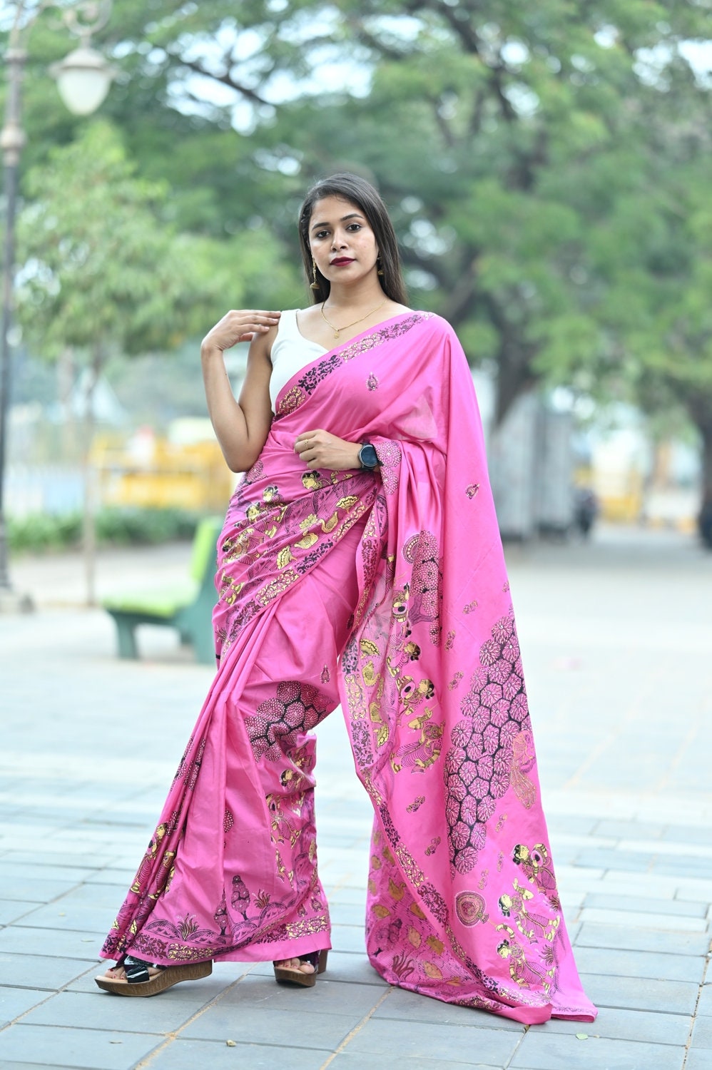 Pink Ponds Trees Pattachitra Pure Silk saree
