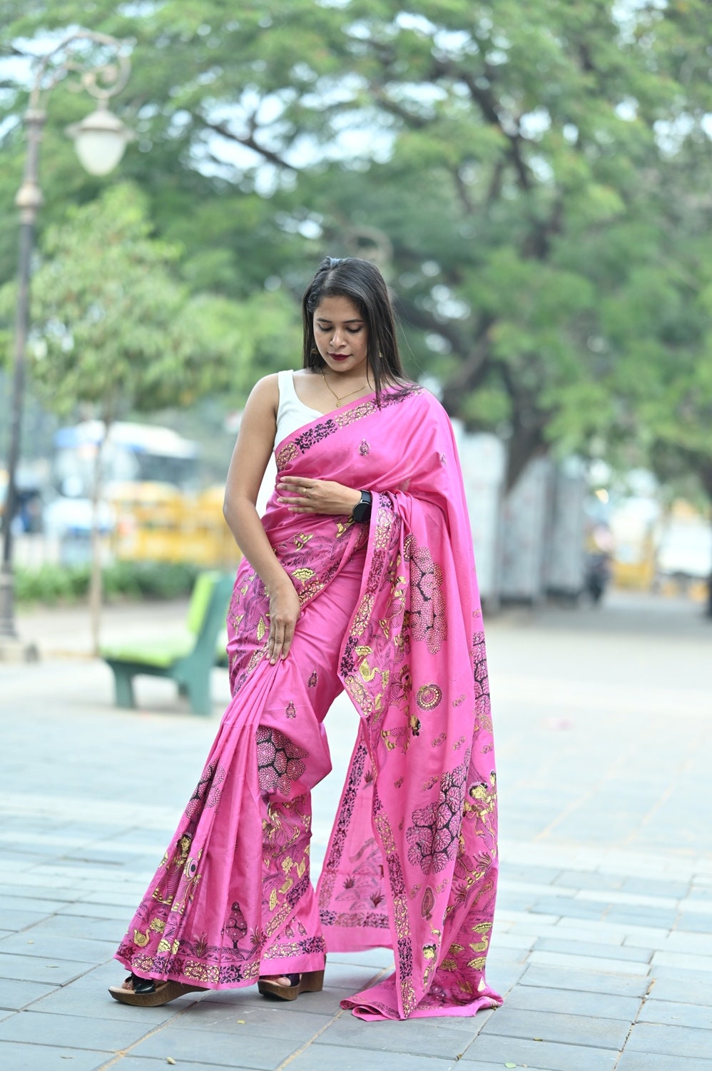 Pink Ponds Trees Pattachitra Pure Silk saree