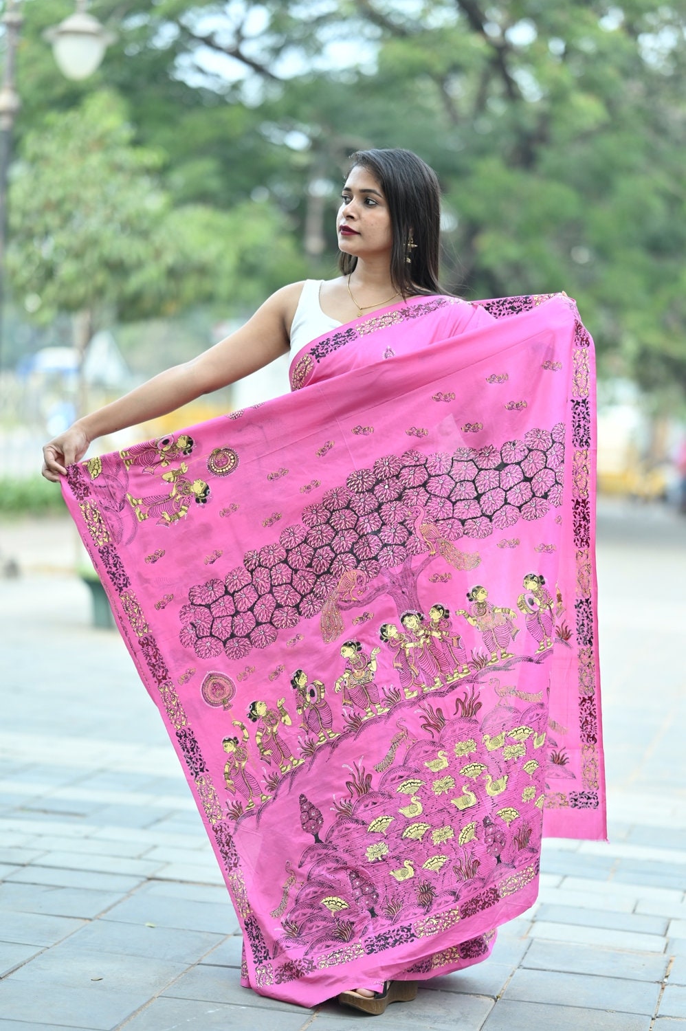 Pink Ponds Trees Pattachitra Pure Silk saree