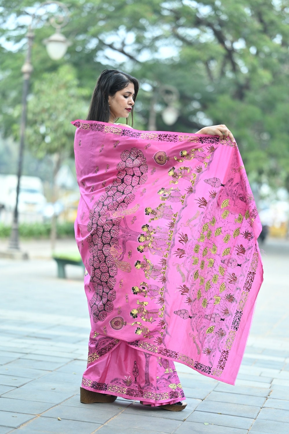 Pink Ponds Trees Pattachitra Pure Silk saree