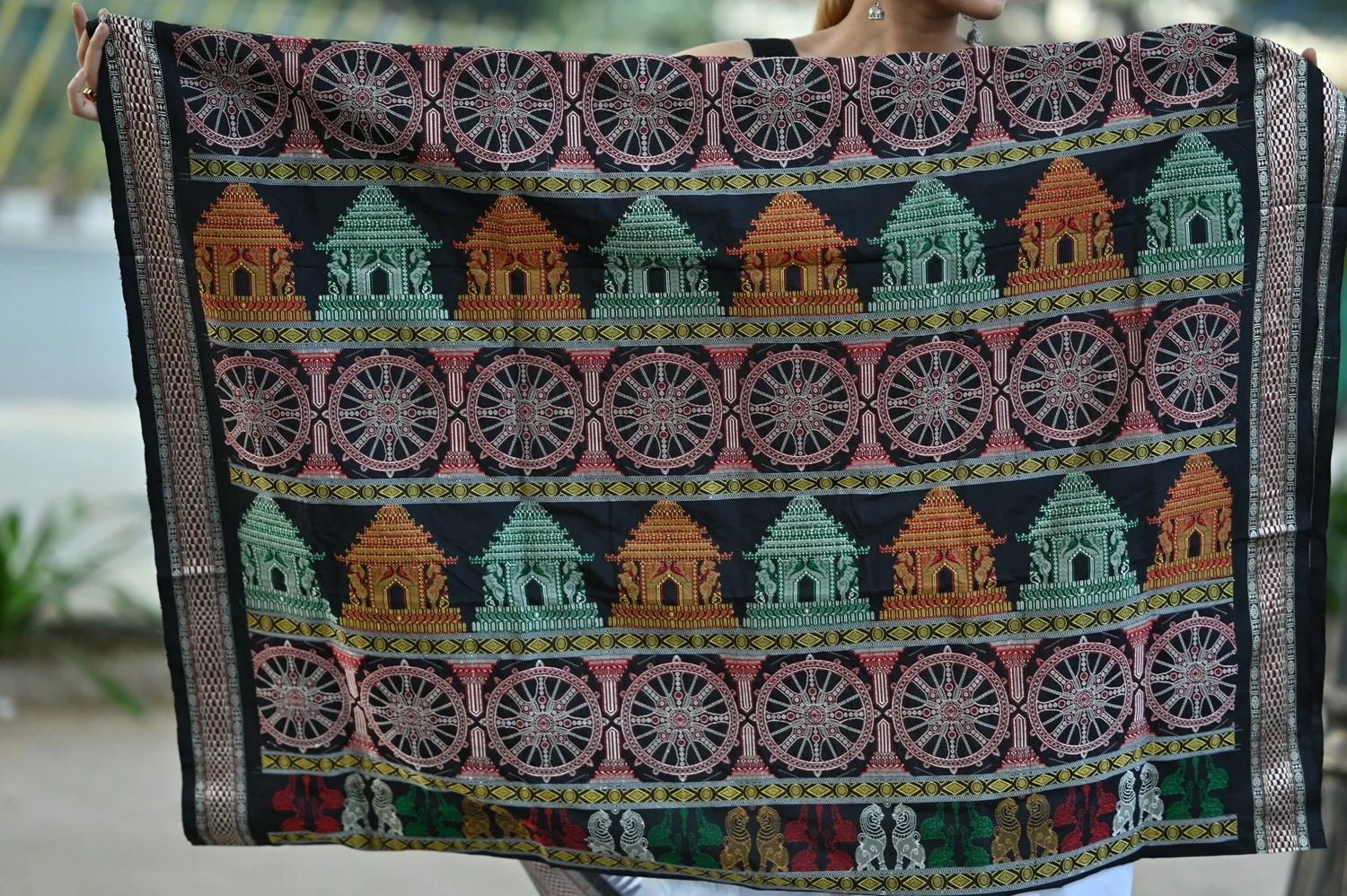 White Black Konark Temple Chakra Sambalpuri Exclusive Silk Saree