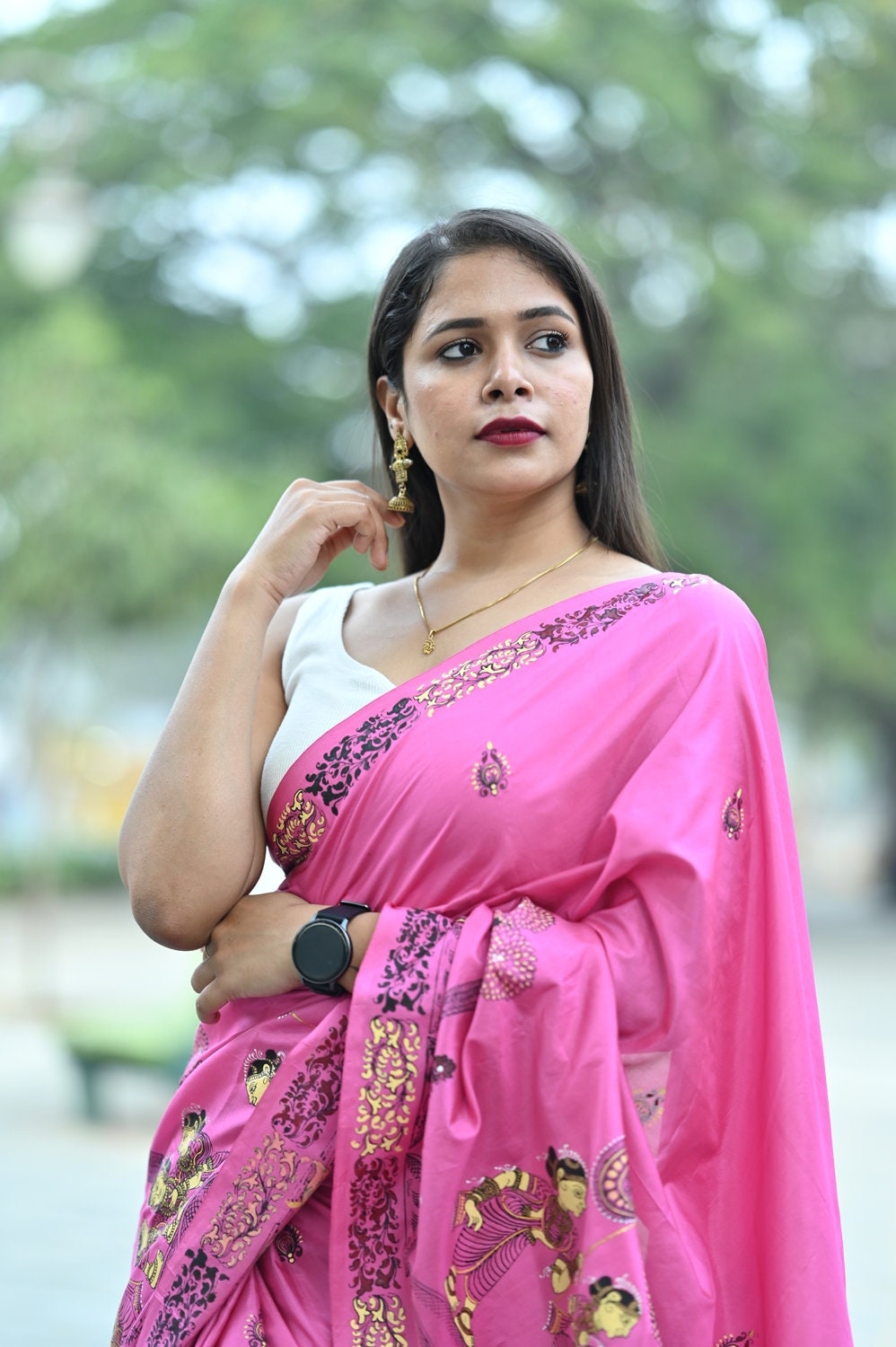 Pink Ponds Trees Pattachitra Pure Silk saree