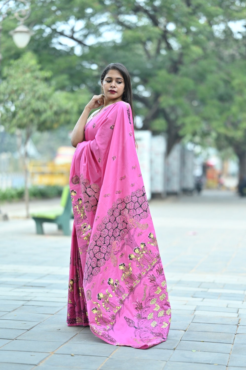 Pink Ponds Trees Pattachitra Pure Silk saree