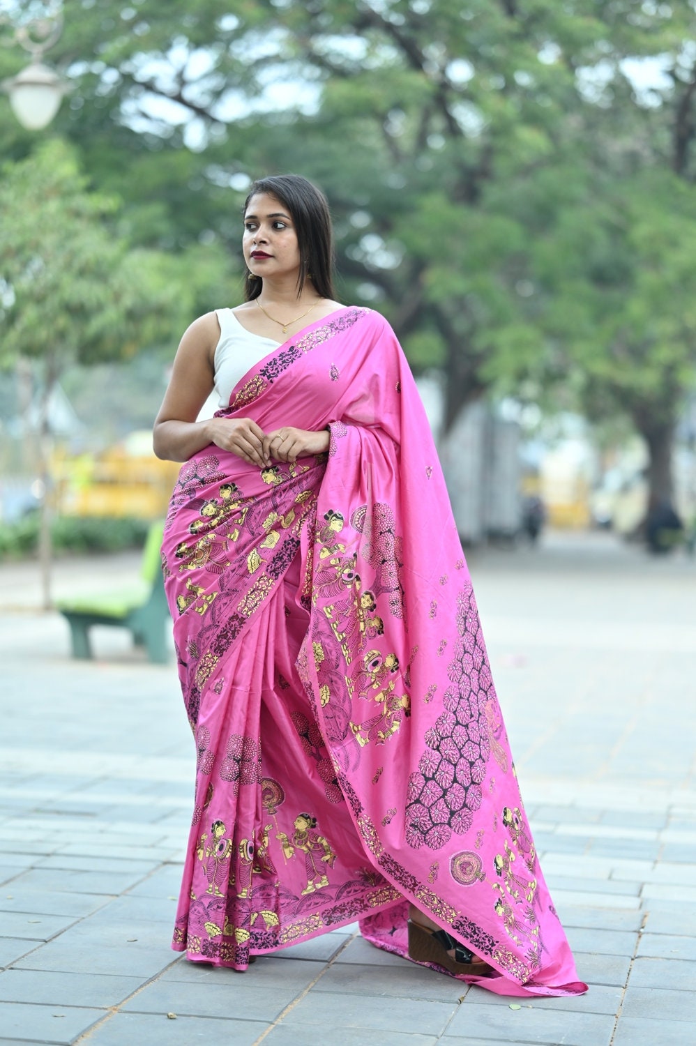 Pink Ponds Trees Pattachitra Pure Silk saree