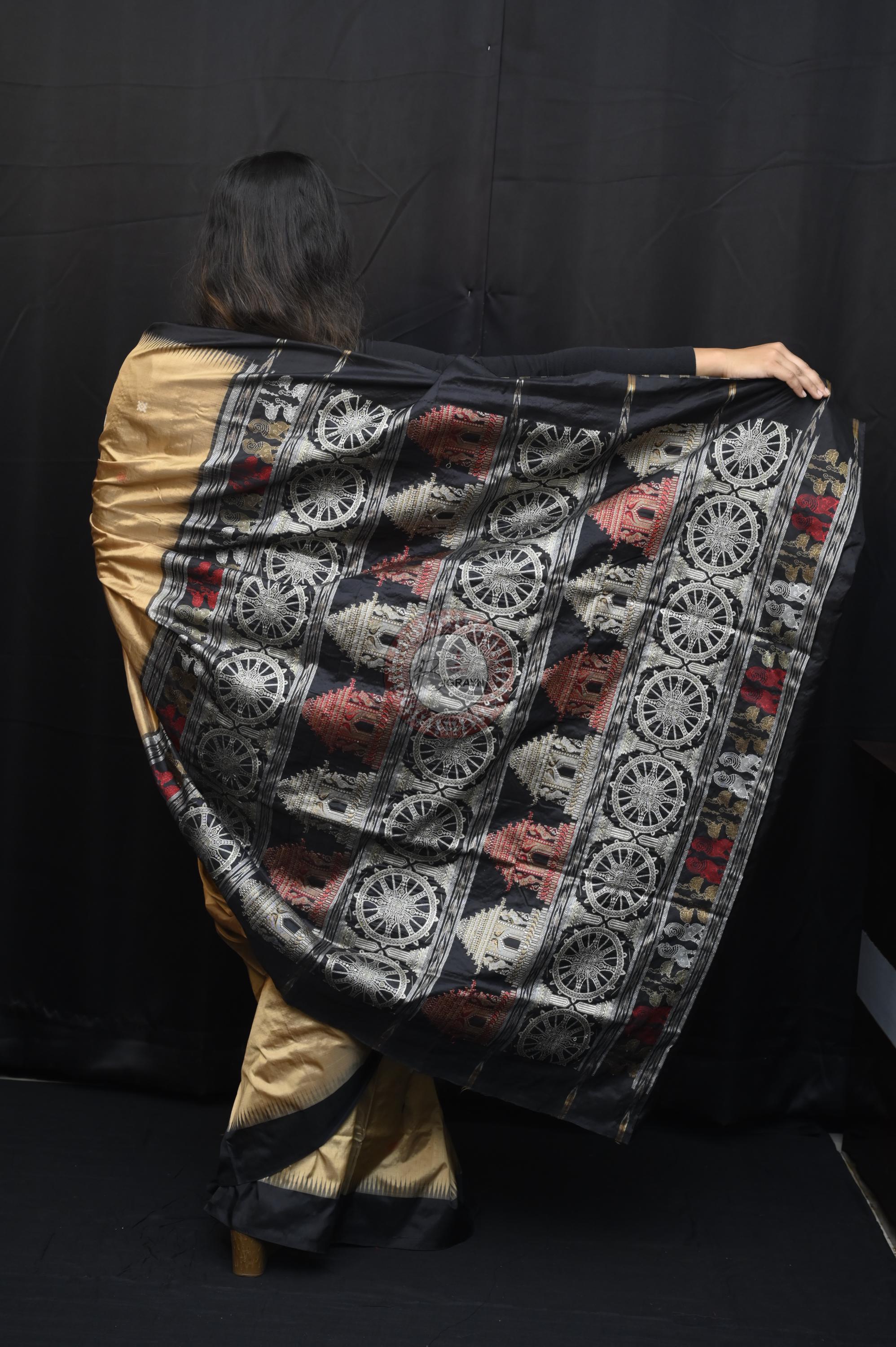 Light Golden Black Konark Temple Chakra Sambalpuri Exclusive Silk Saree