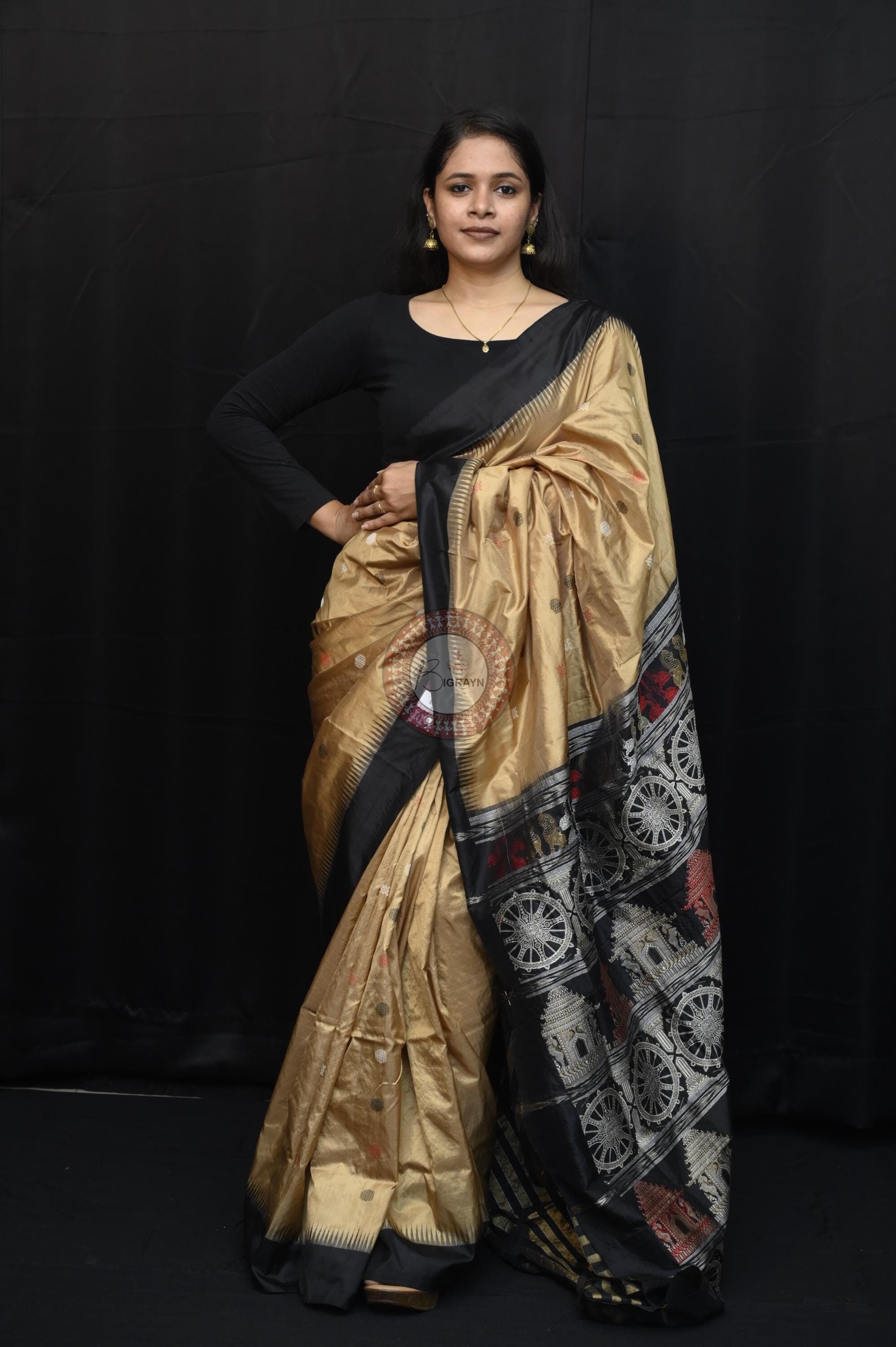 Light Golden Black Konark Temple Chakra Sambalpuri Exclusive Silk Saree