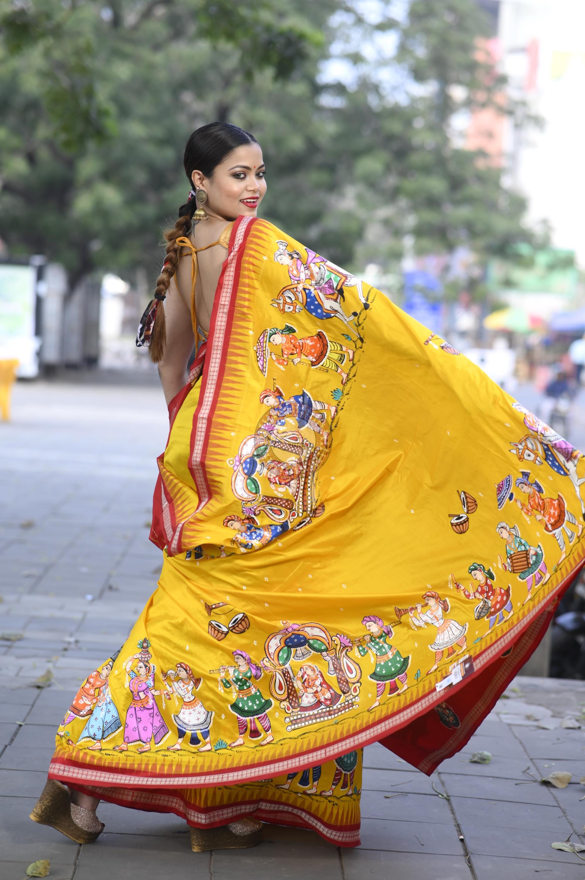 Yellow Red Marriage Theme Pattachitra Sambalpuri Silk Saree