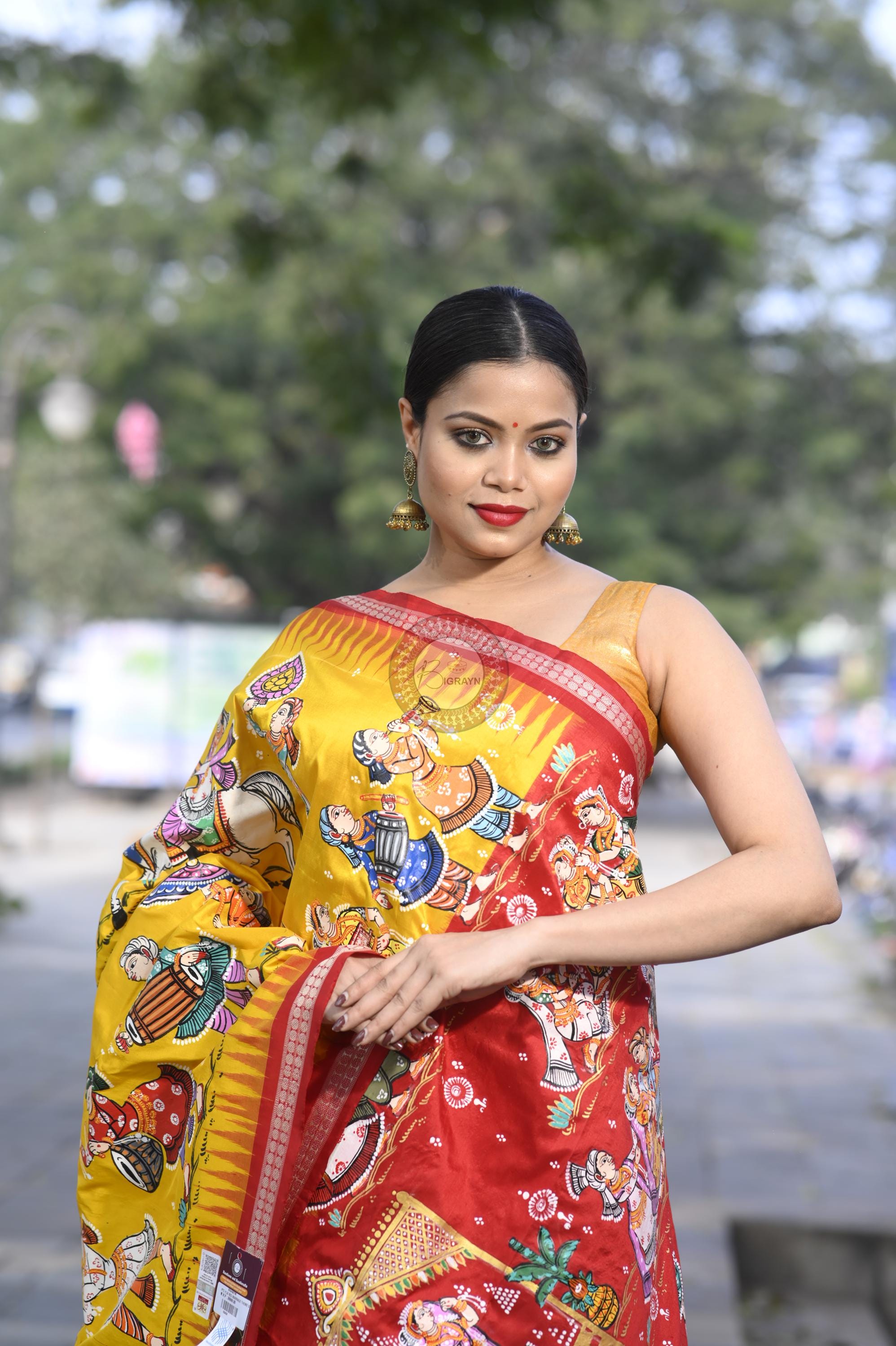 Yellow Red Marriage Theme Pattachitra Sambalpuri Silk Saree