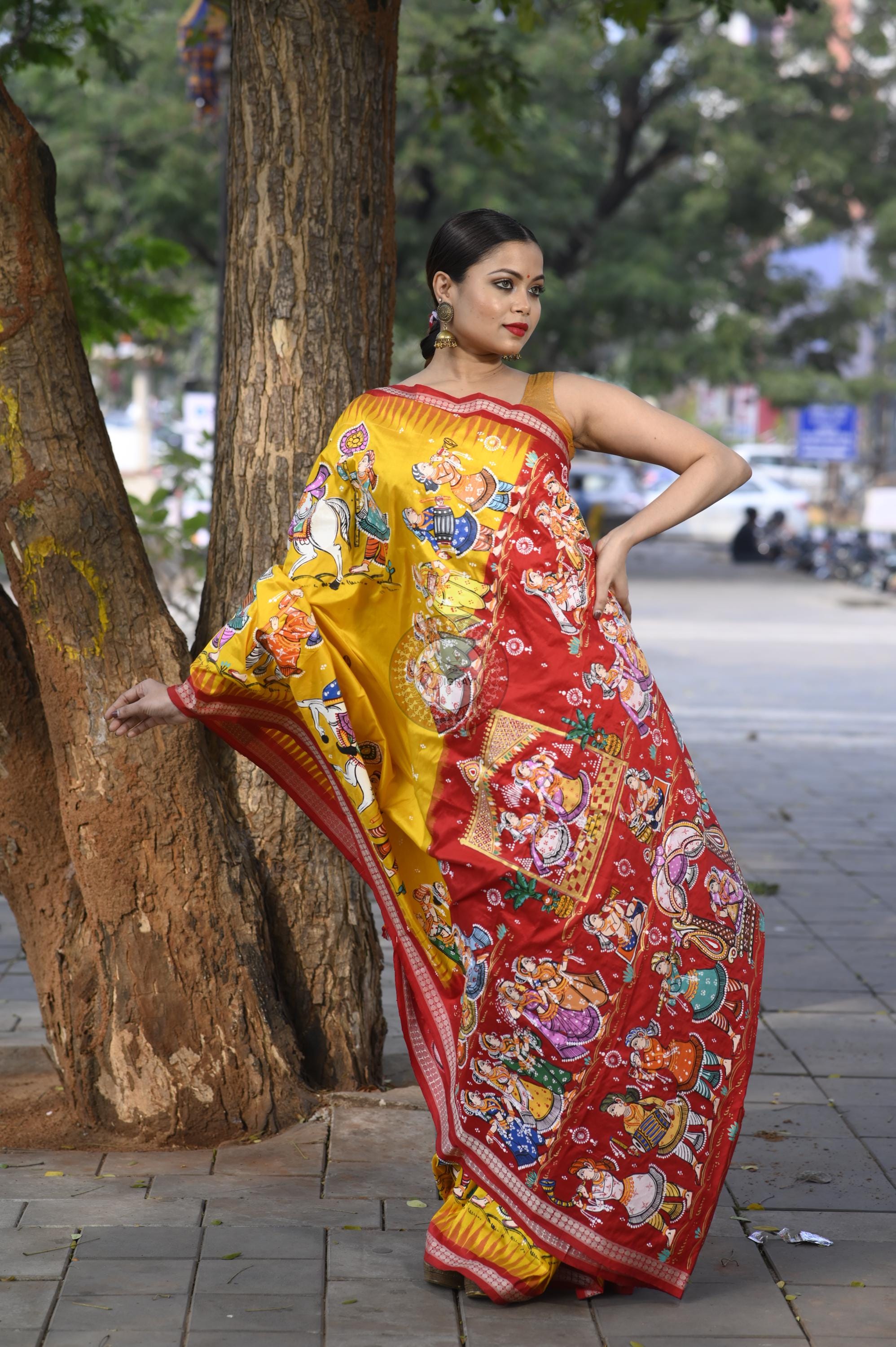 Yellow Red Marriage Theme Pattachitra Sambalpuri Silk Saree