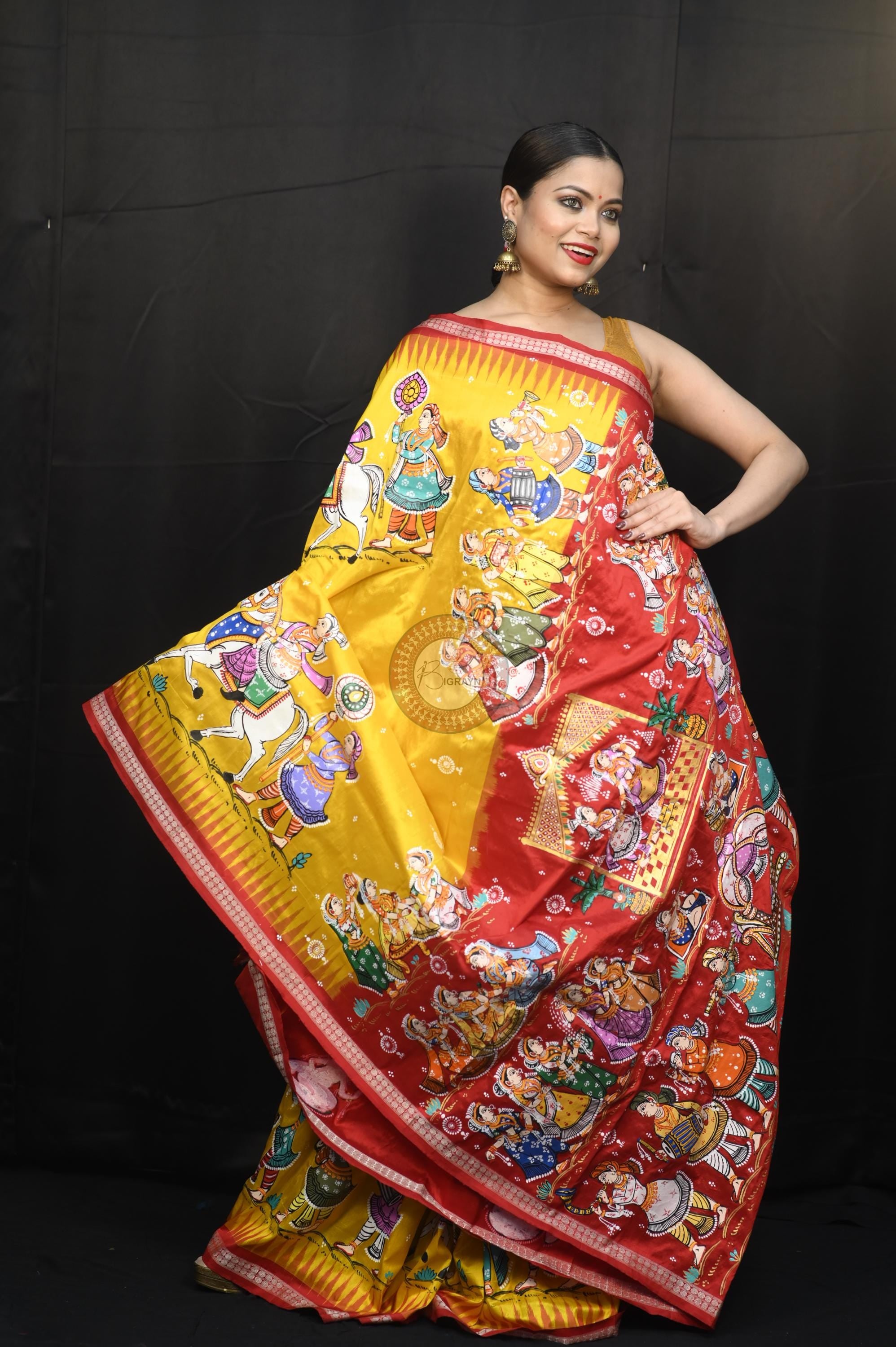 Yellow Red Marriage Theme Pattachitra Sambalpuri Silk Saree