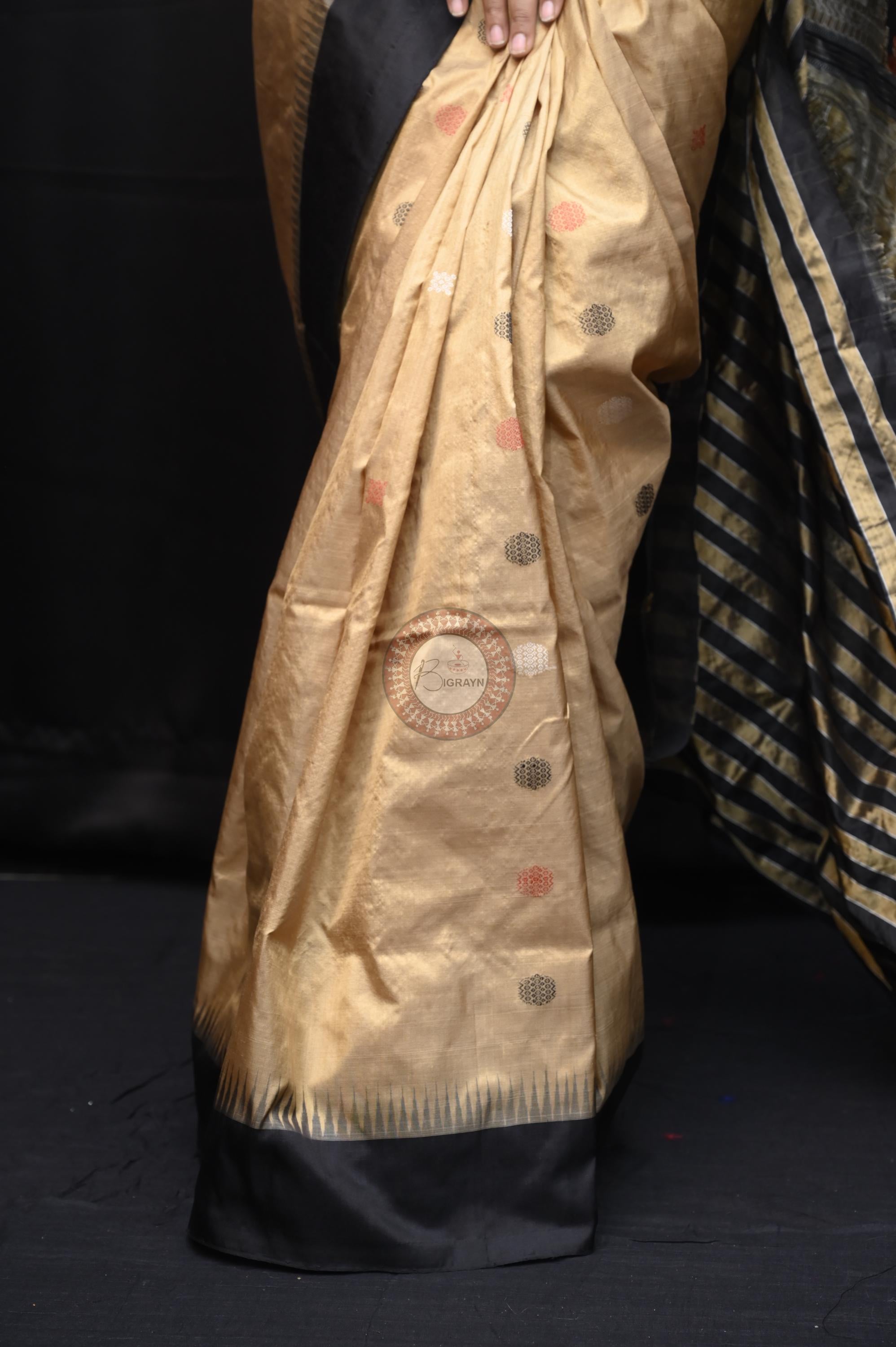 Light Golden Black Konark Temple Chakra Sambalpuri Exclusive Silk Saree