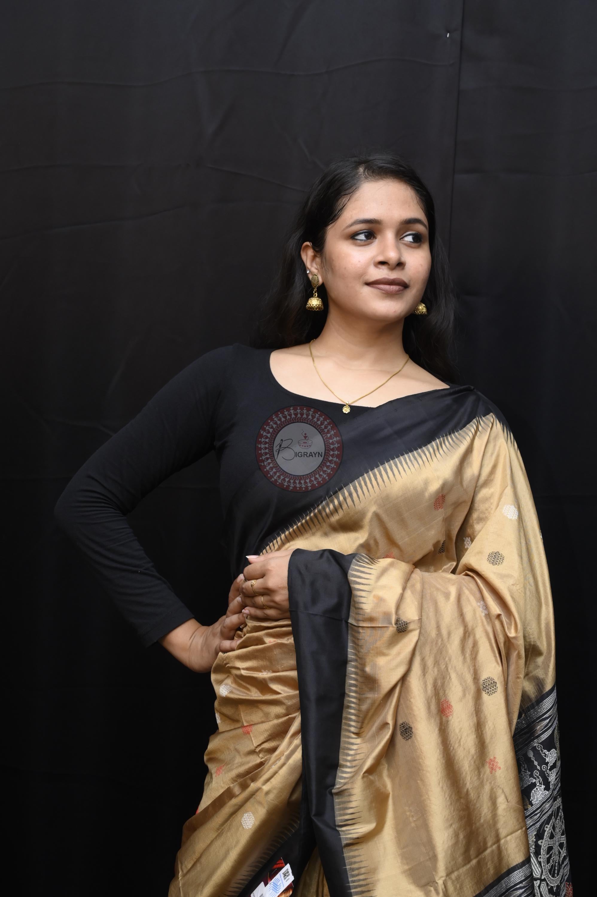 Light Golden Black Konark Temple Chakra Sambalpuri Exclusive Silk Saree