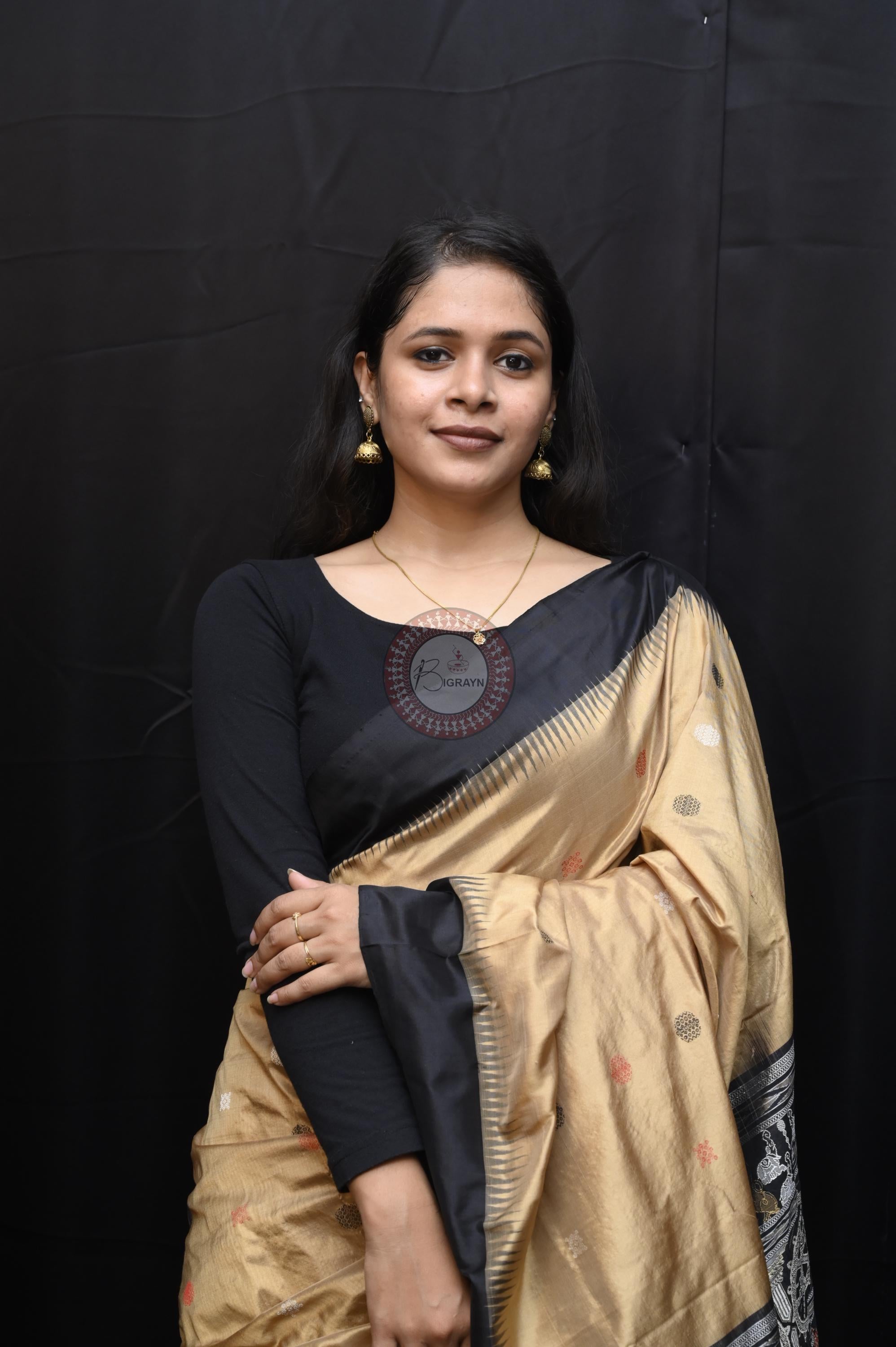 Light Golden Black Konark Temple Chakra Sambalpuri Exclusive Silk Saree