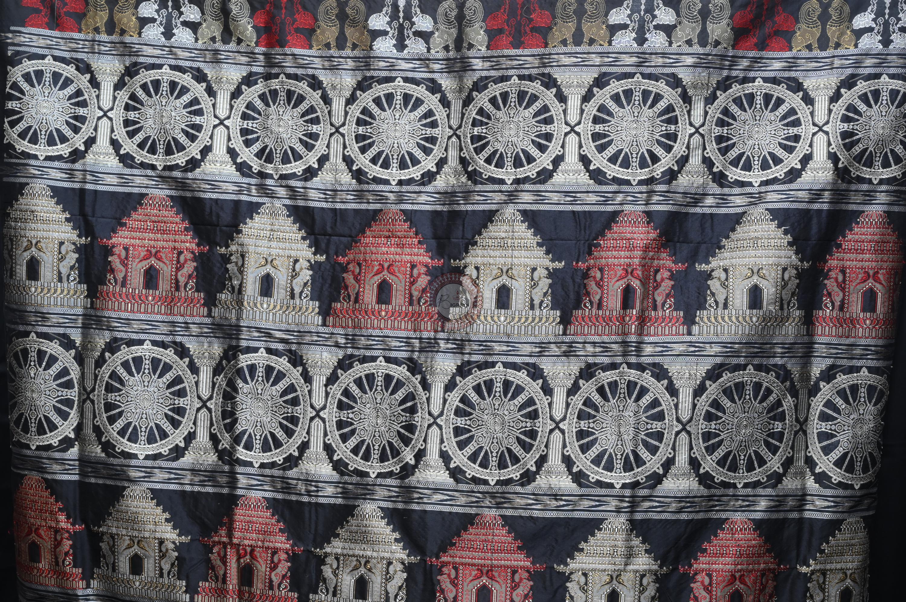 Light Golden Black Konark Temple Chakra Sambalpuri Exclusive Silk Saree