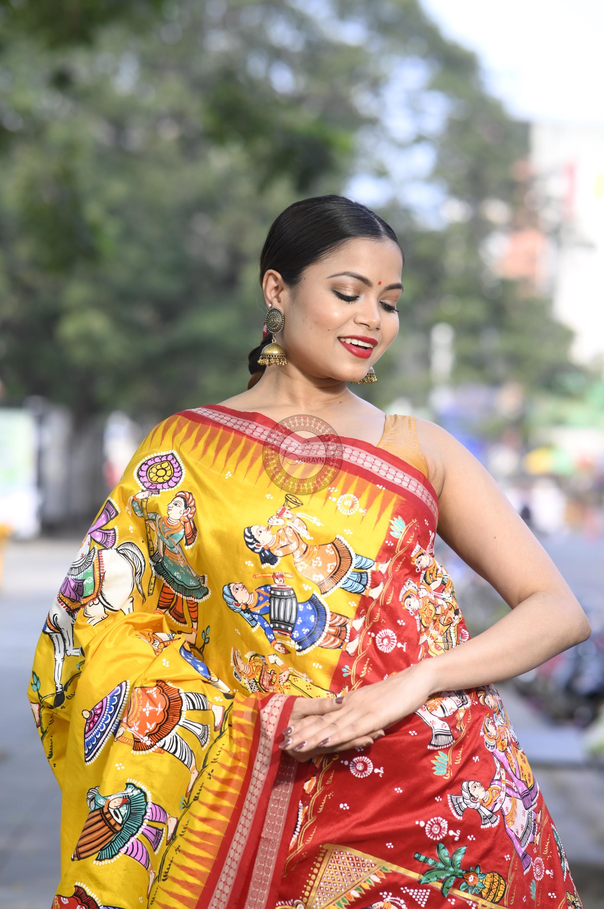 Yellow Red Marriage Theme Pattachitra Sambalpuri Silk Saree