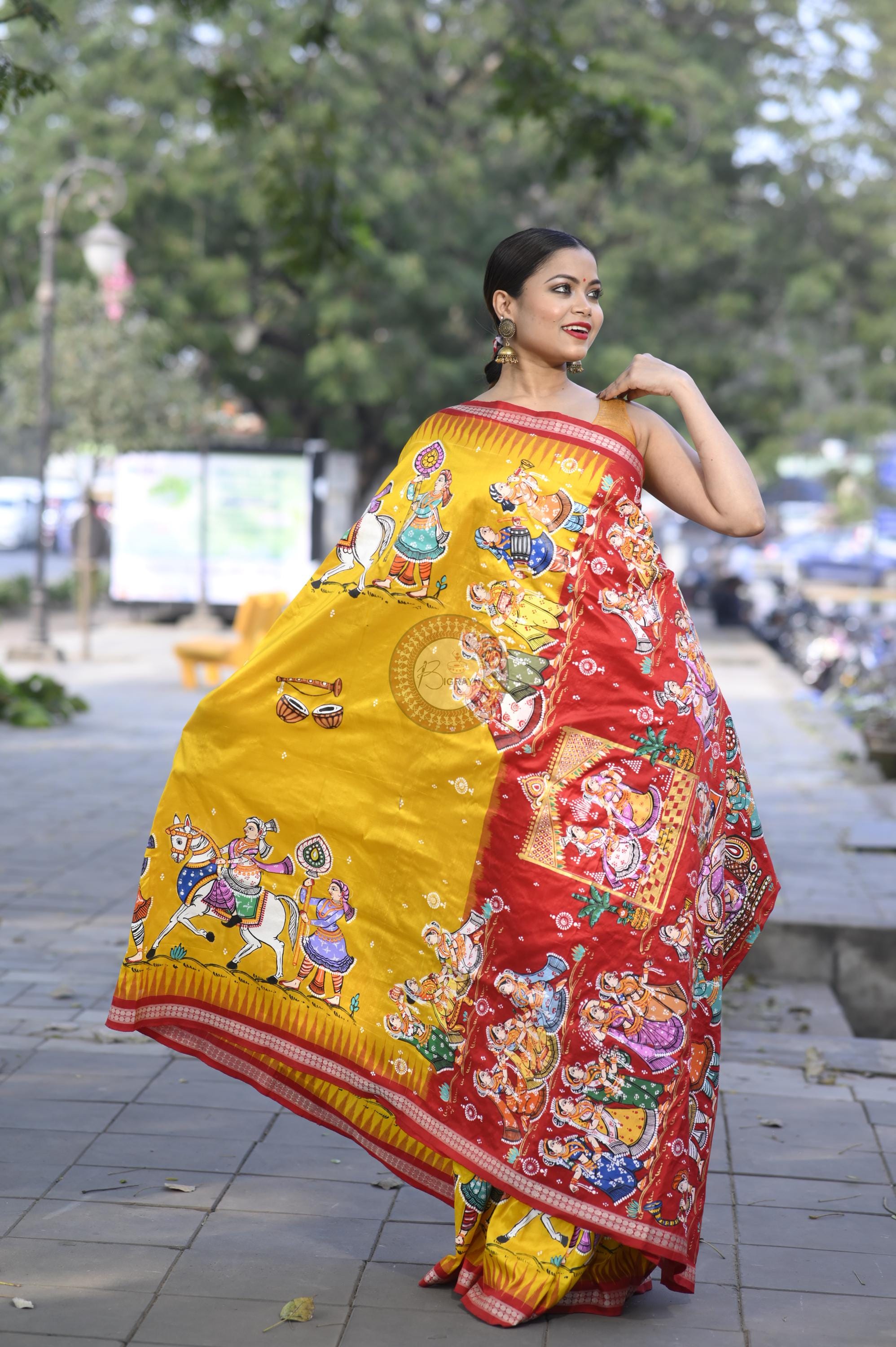 Yellow Red Marriage Theme Pattachitra Sambalpuri Silk Saree