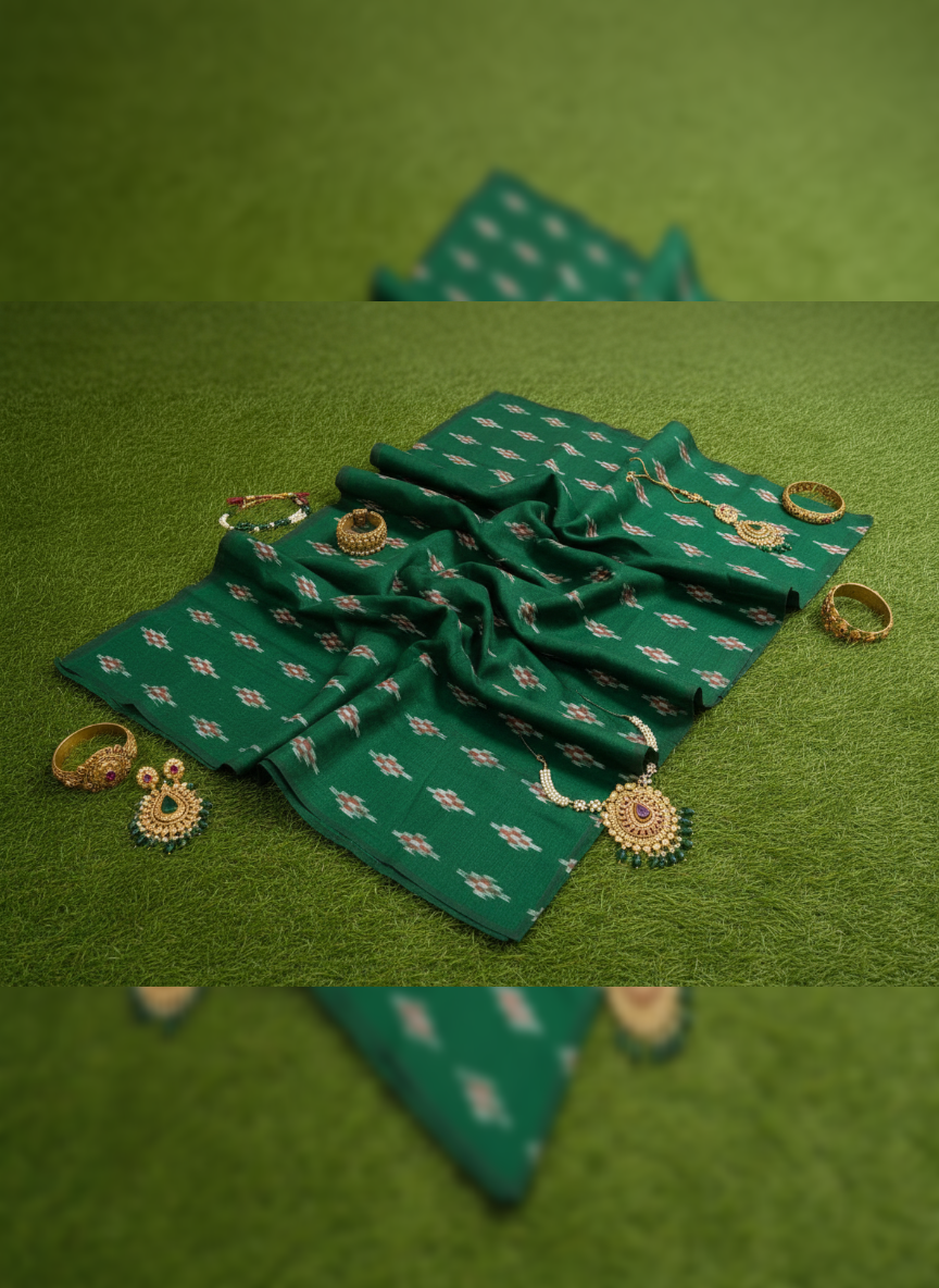 Green Pasapali Flower Design Nuapatna Fabrics