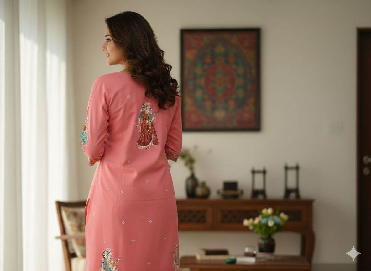 Peach Raja Doli Theme Hand Painted Pattachitra Khadi Silk Kurti