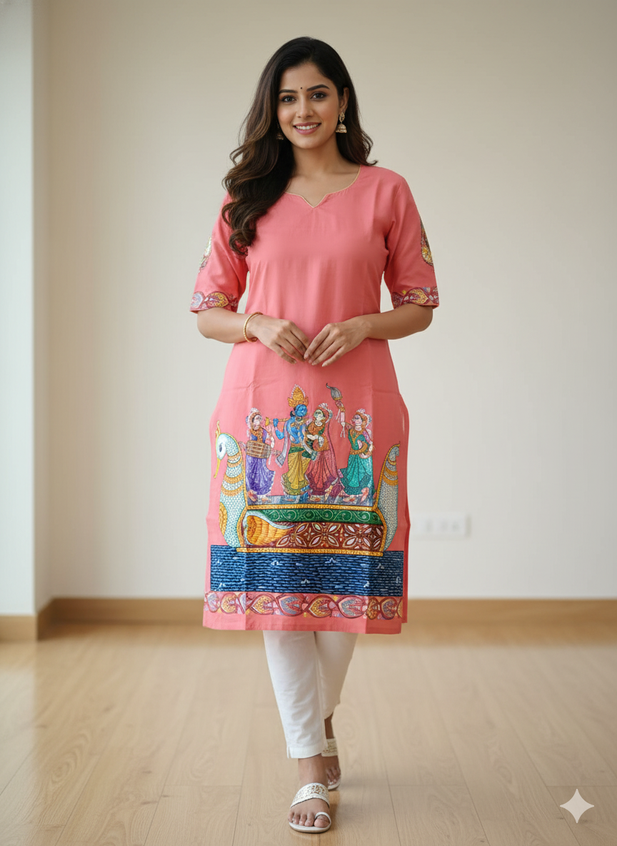Peach Nabakeli Boita Theme Odisha Hand Painted Pattachitra Khadi Silk Kurti