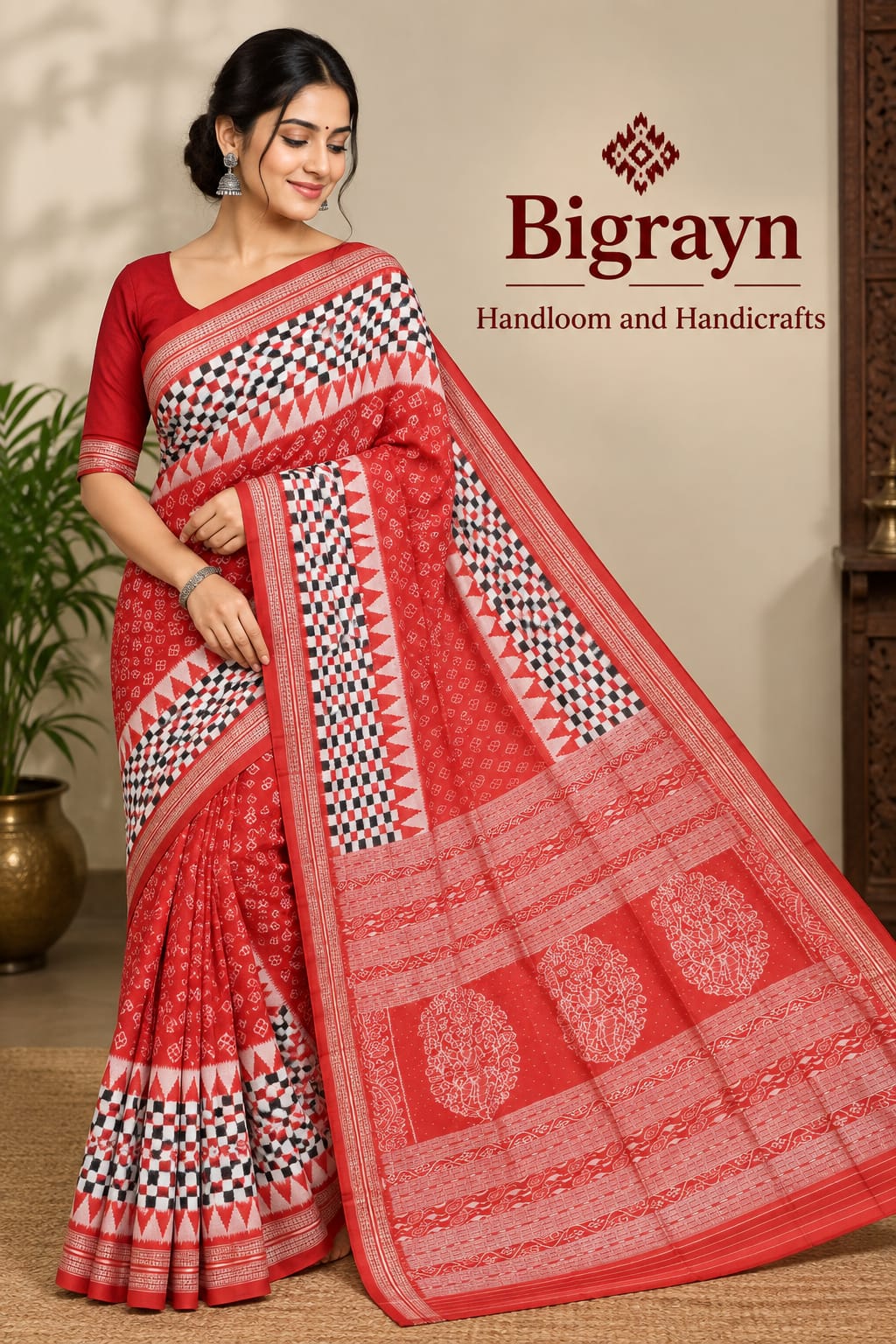 Red White Black Scot Pasapali Design Sambalpuri Silk Saree