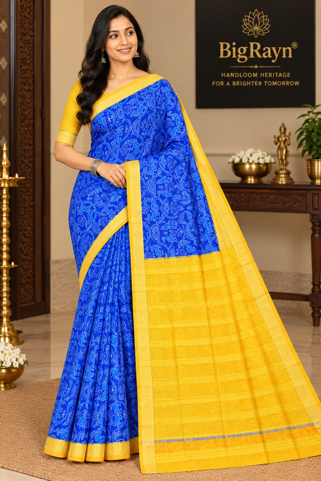 Blue Yellow Dual Animal Design Sambalpuri Silk Saree