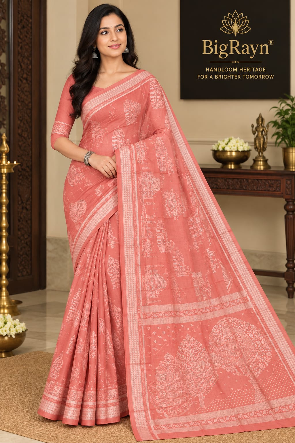 Peach Seven Wonders of the World Design Sambalpuri Silk Saree