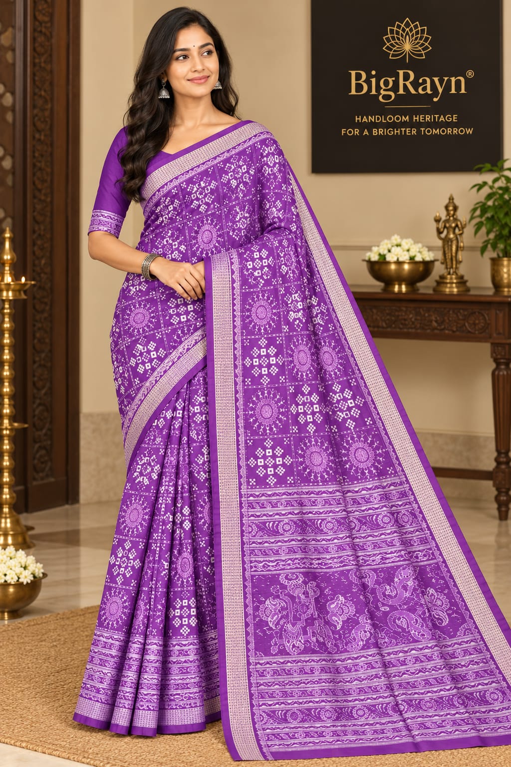 Purple White Mini Pasapali With Round Tribal Design Sambalpuri Silk Saree