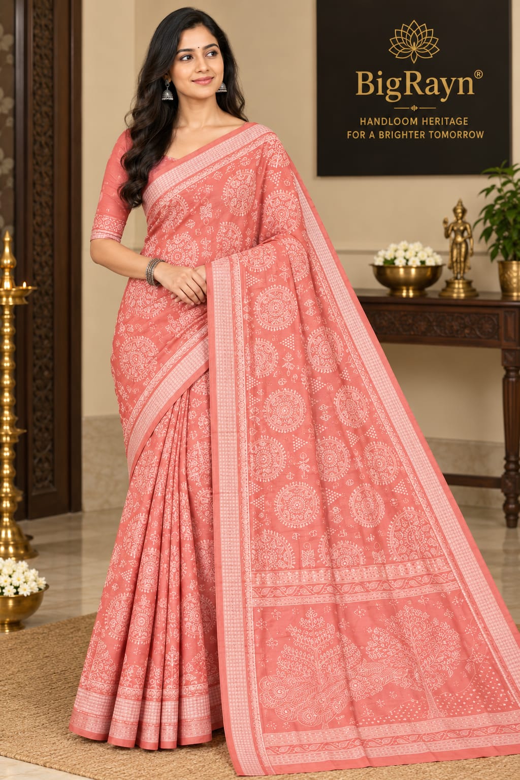 Peach Traditional Motive Design Sambalpuri Silk Saree