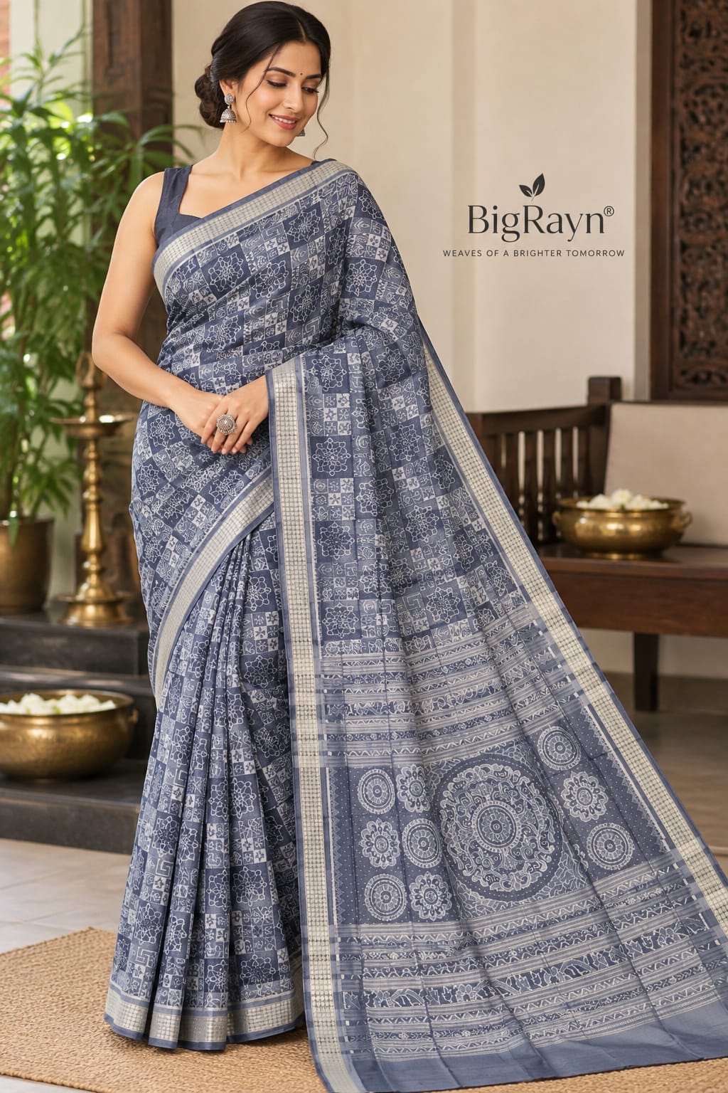 Slate Gray and Indigo Blue Traditional Motive Handwoven Sambalpuri Silk Saree