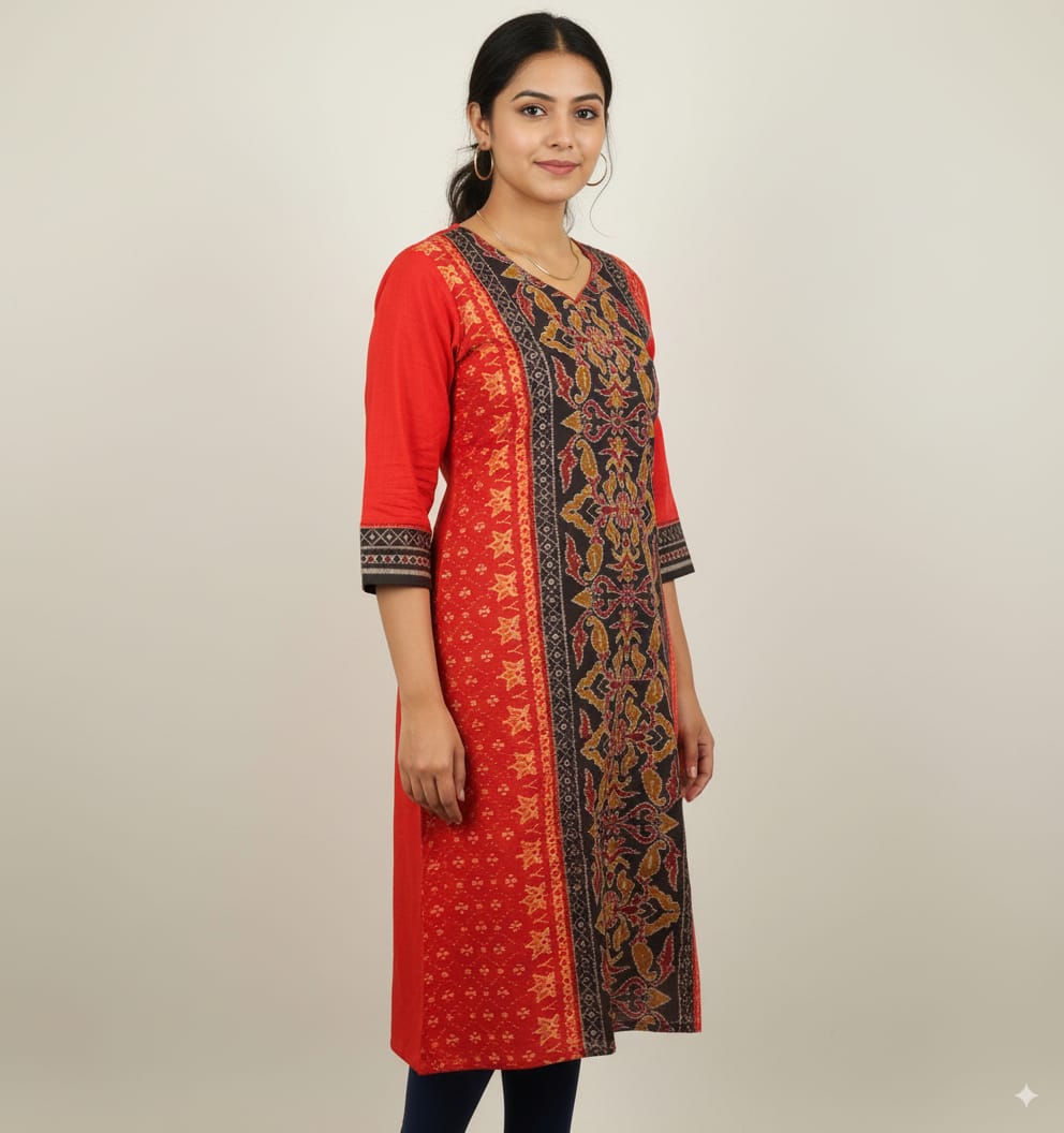 Red Black Flower Design Single Side Designer A-Line Kurti