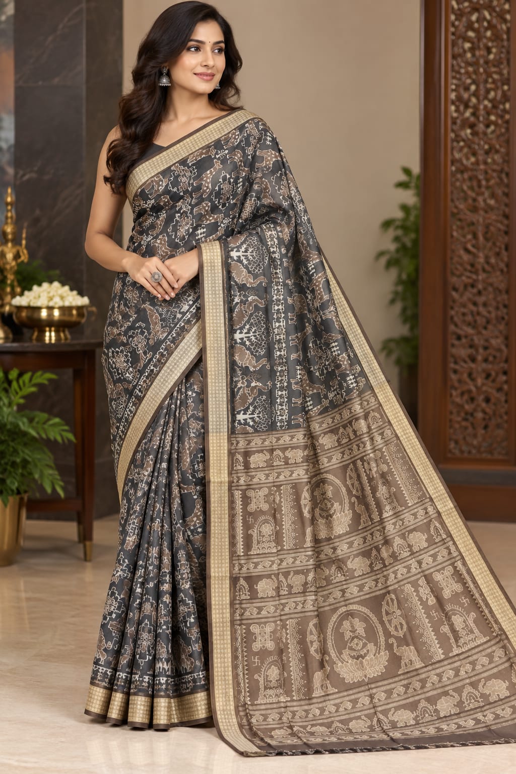 Charcoal Black and Bronze Brown Handwoven Harappan Script Sambalpuri Pure Silk Saree