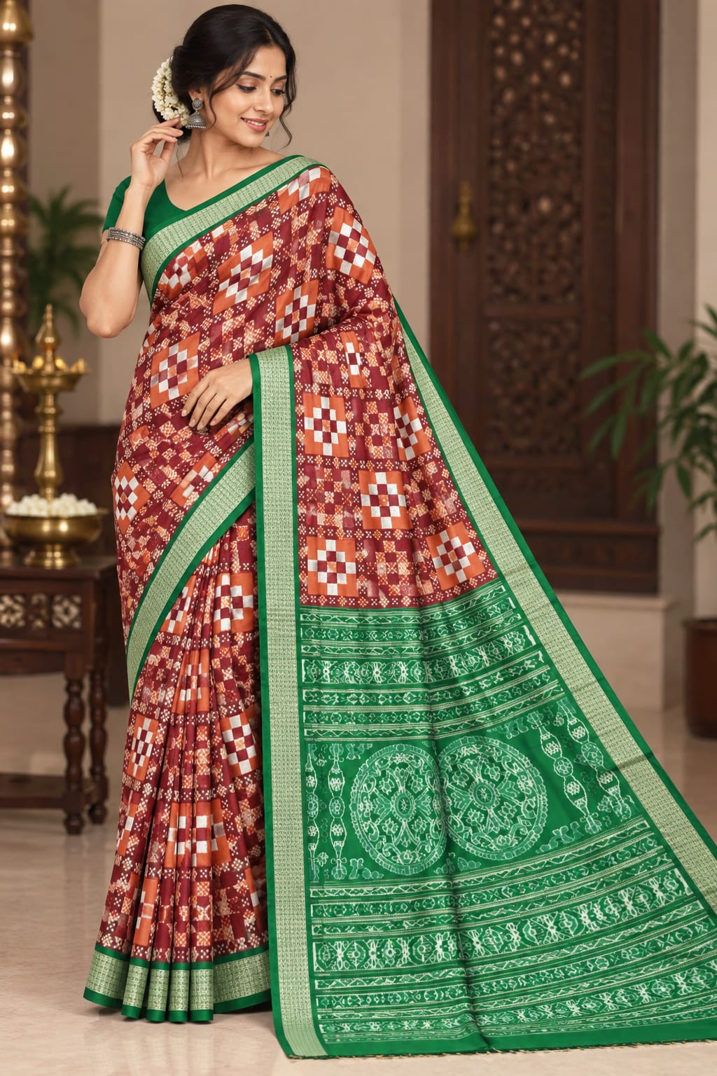 Maroon and Green Traditional Bichitrapuri Pasapali Odisha Ikat Saree
