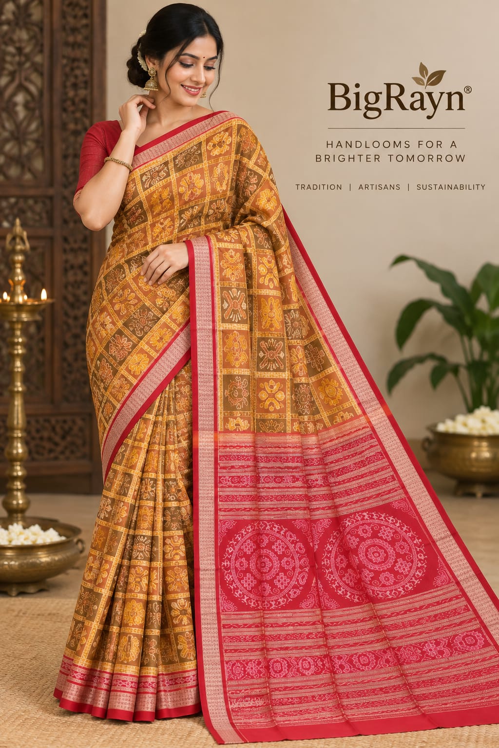 Orange Red Nabakothi Design Sambalpuri Silk Saree